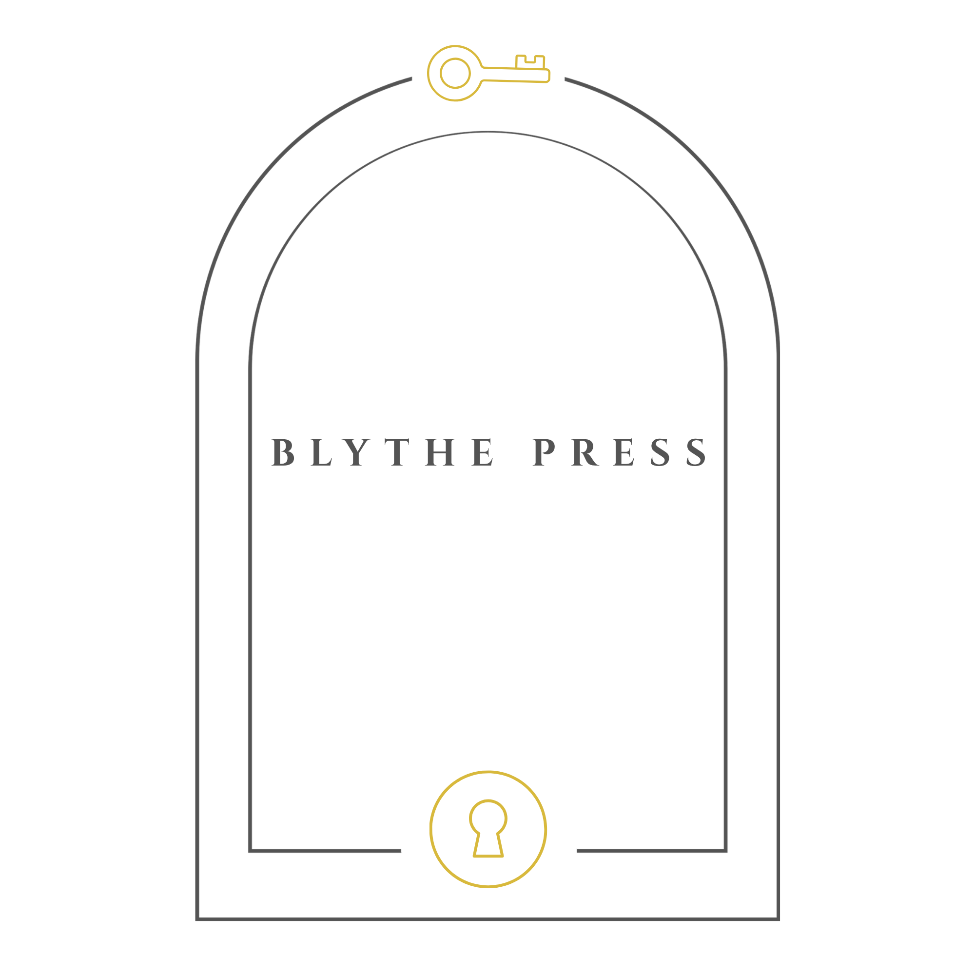 Logo for Blythe Press featuring a gold key and a circular lock with a keyhole, set against a black background with the text 'BLYTHE PRESS'.