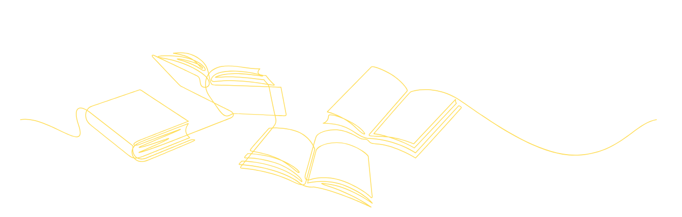 Line drawing of several open books connected by a single continuous line against a black background.