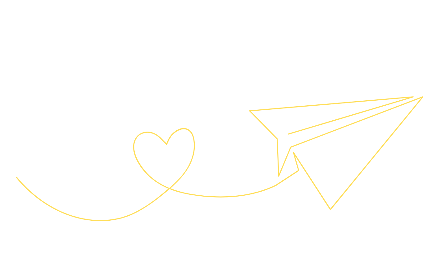 A neon-style drawing of a paper airplane with a heart trailing behind it, connected by a curved line, all in yellow on a black background.