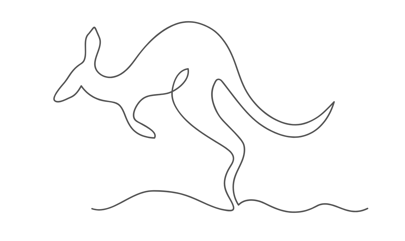 Outline drawing of a kangaroo standing on its hind legs near the water's edge.