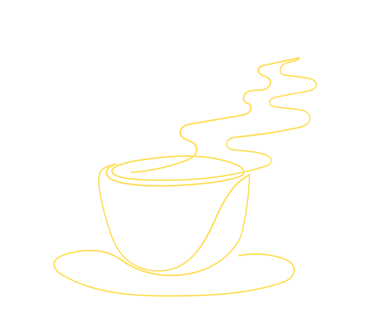 Line drawing of a steaming cup of coffee or tea on a saucer, with wisps of steam rising above.