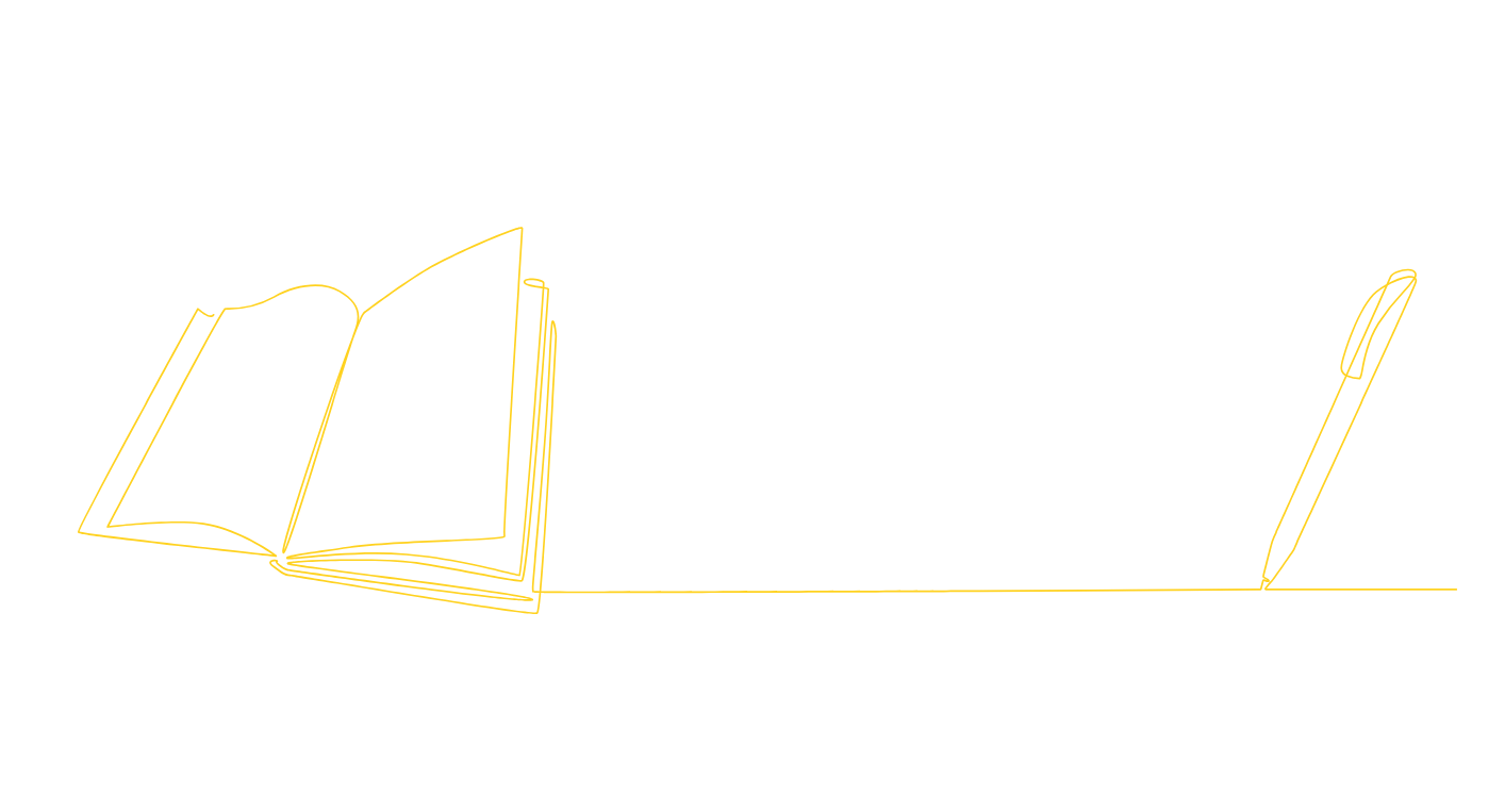 A yellow outline drawing of an open book, a closed book, and a pen on a black background.
