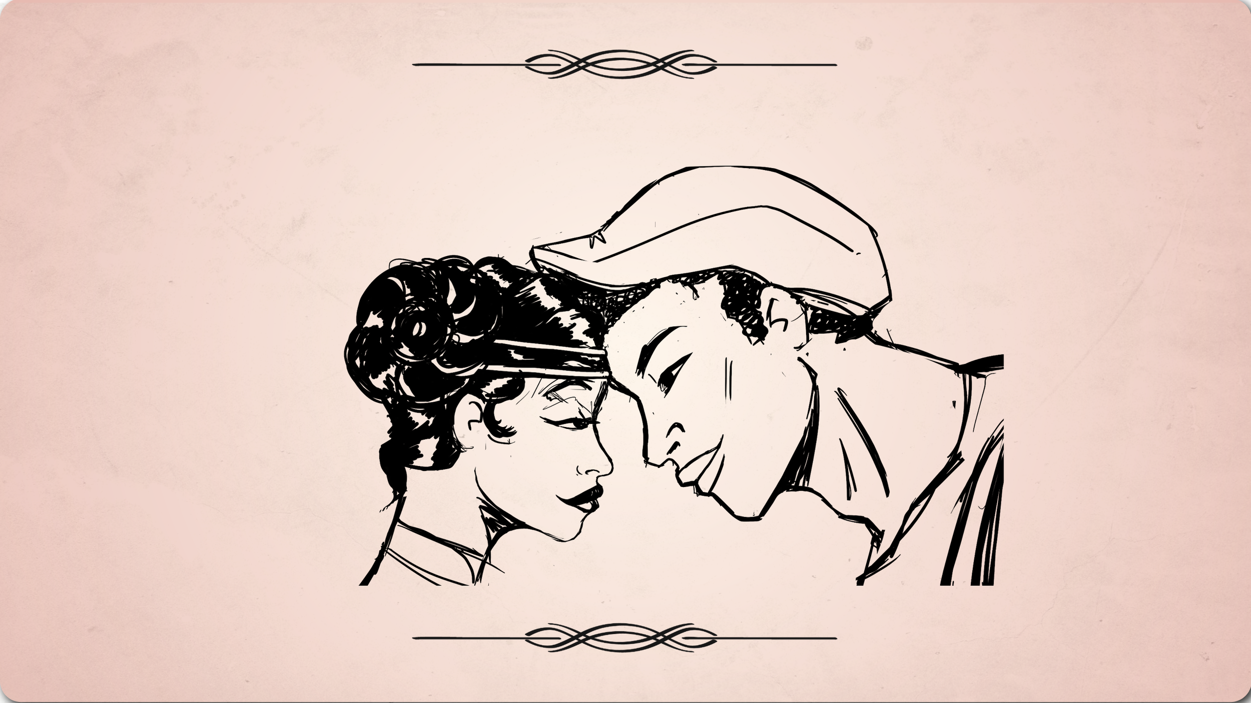 Black and white line drawing of a man and woman touching foreheads, both with closed eyes and gentle expressions. The romance fantasy Blue Harmonica.