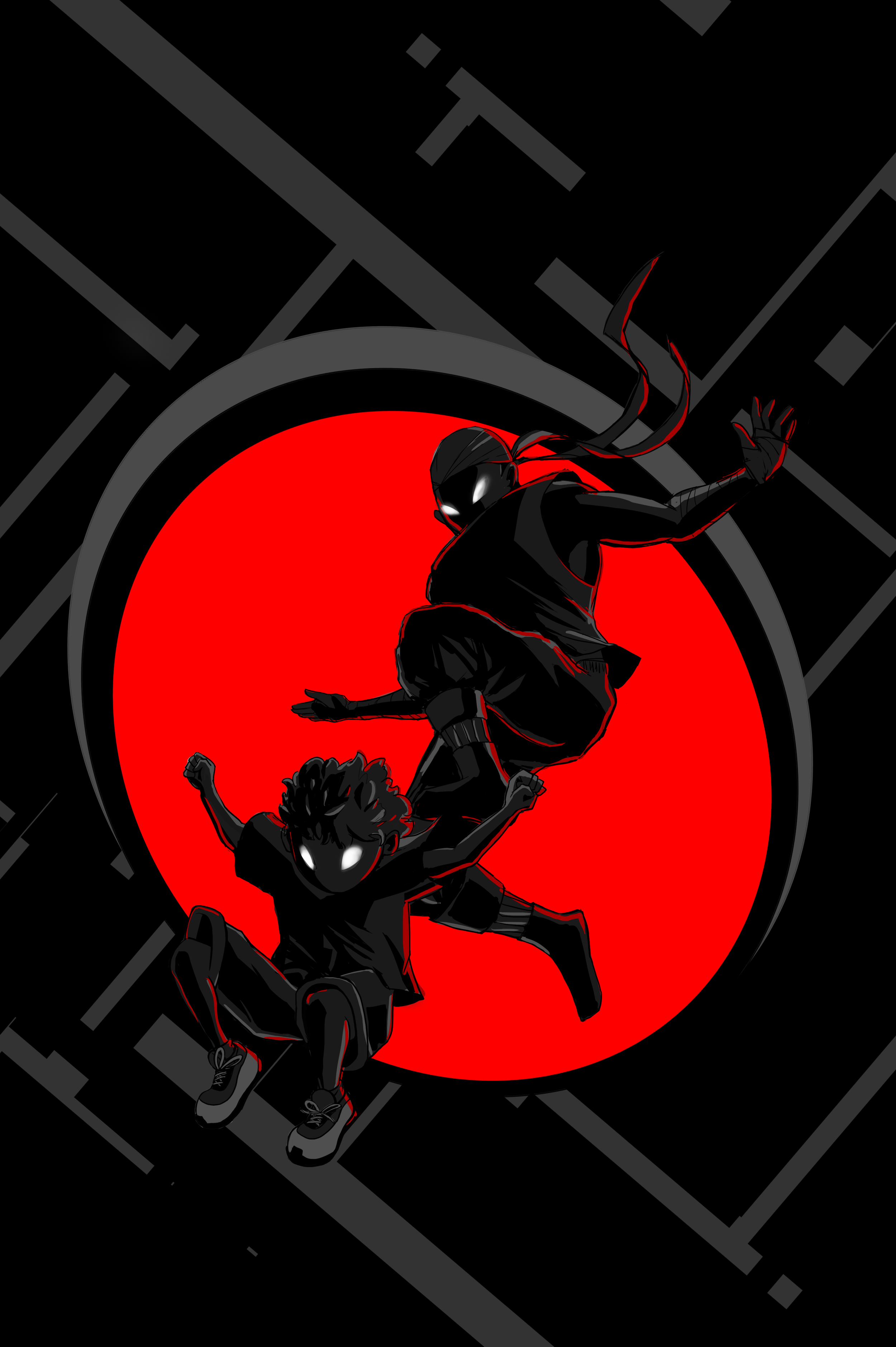 A digital illustration of two characters in black outfits with white eyes, posed dynamically in front of a red circle background, with a black and gray patterned background. The cover art for Chapter 4 of the sci-fi fantasy Project Zero.