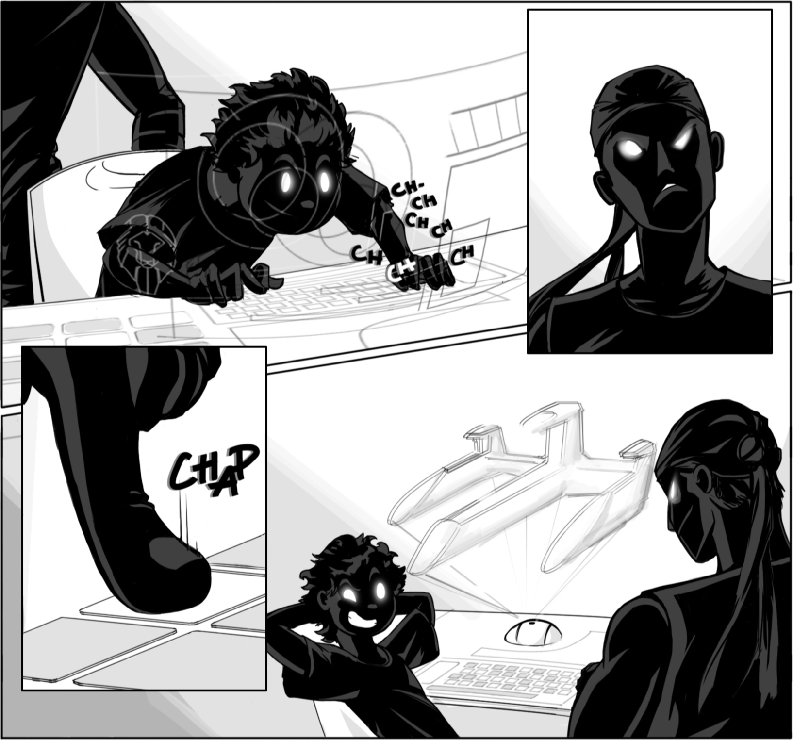 Black and white comic panel showing a young person with glowing eyes using a computer, a man with a bandana and glowing eyes looking at the computer, and another person with glasses and a ponytail observing. The person at the computer appears excited, while the others are focused on the screen.