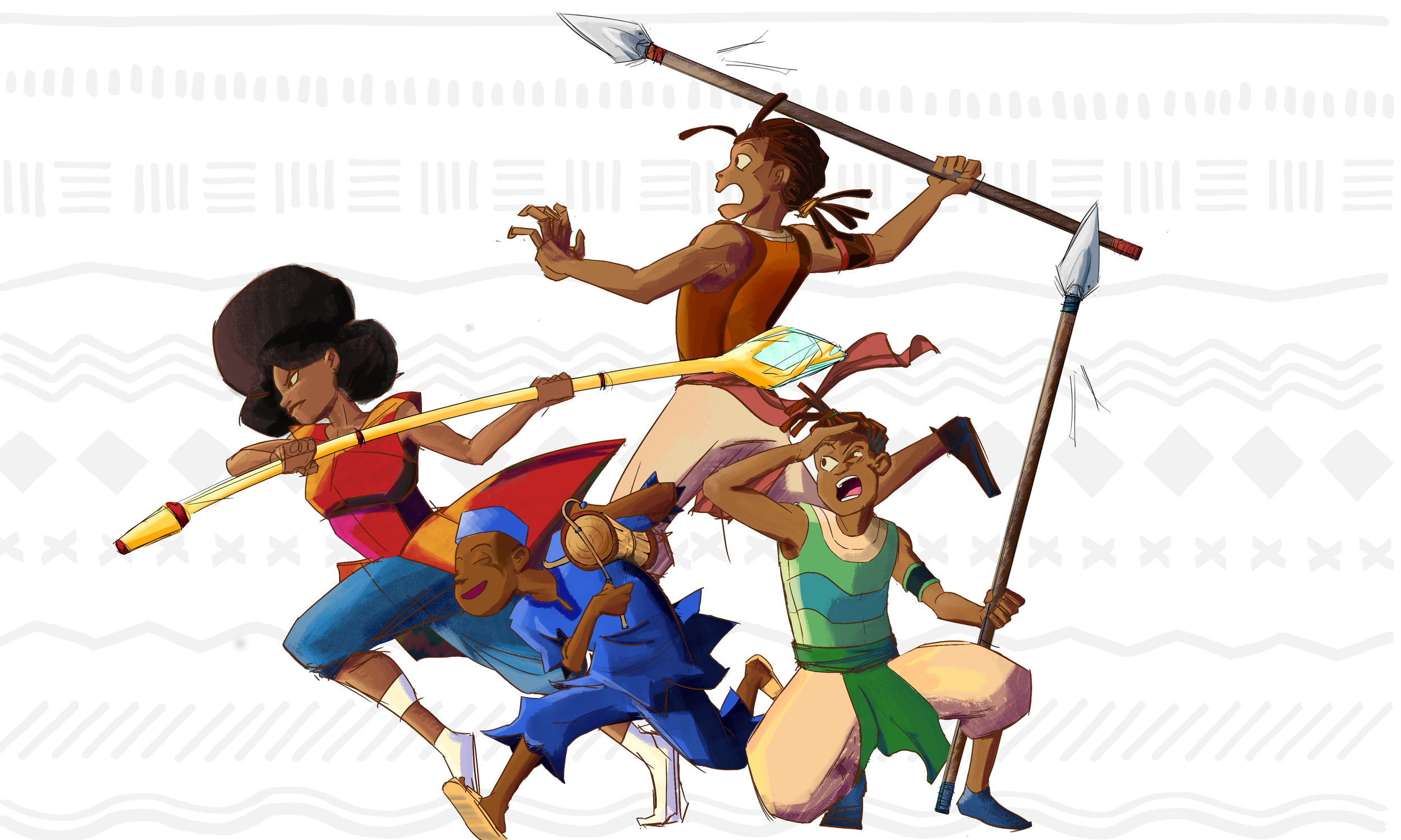 A digital illustration depicting the main cast of the afro-fantasy Spider Stories.