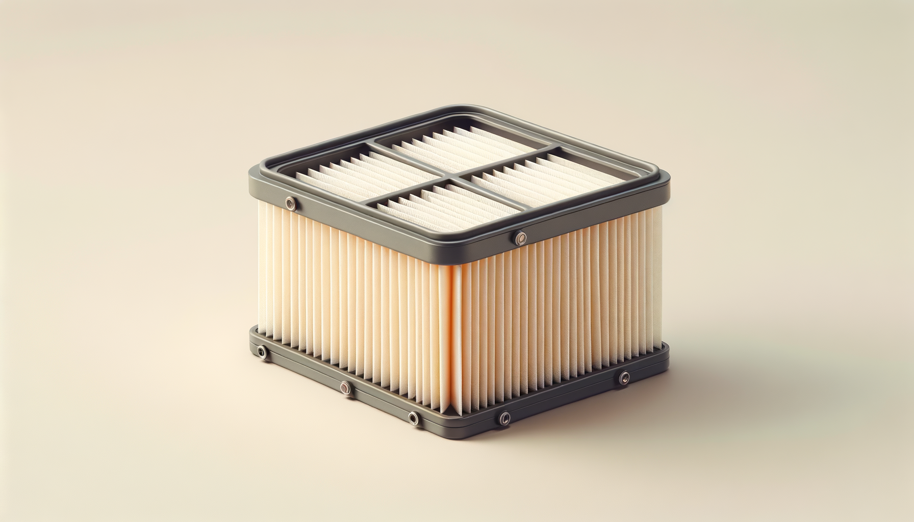 A high-tech air purifier filter with a black frame and pleated white filter material, set against a neutral background.