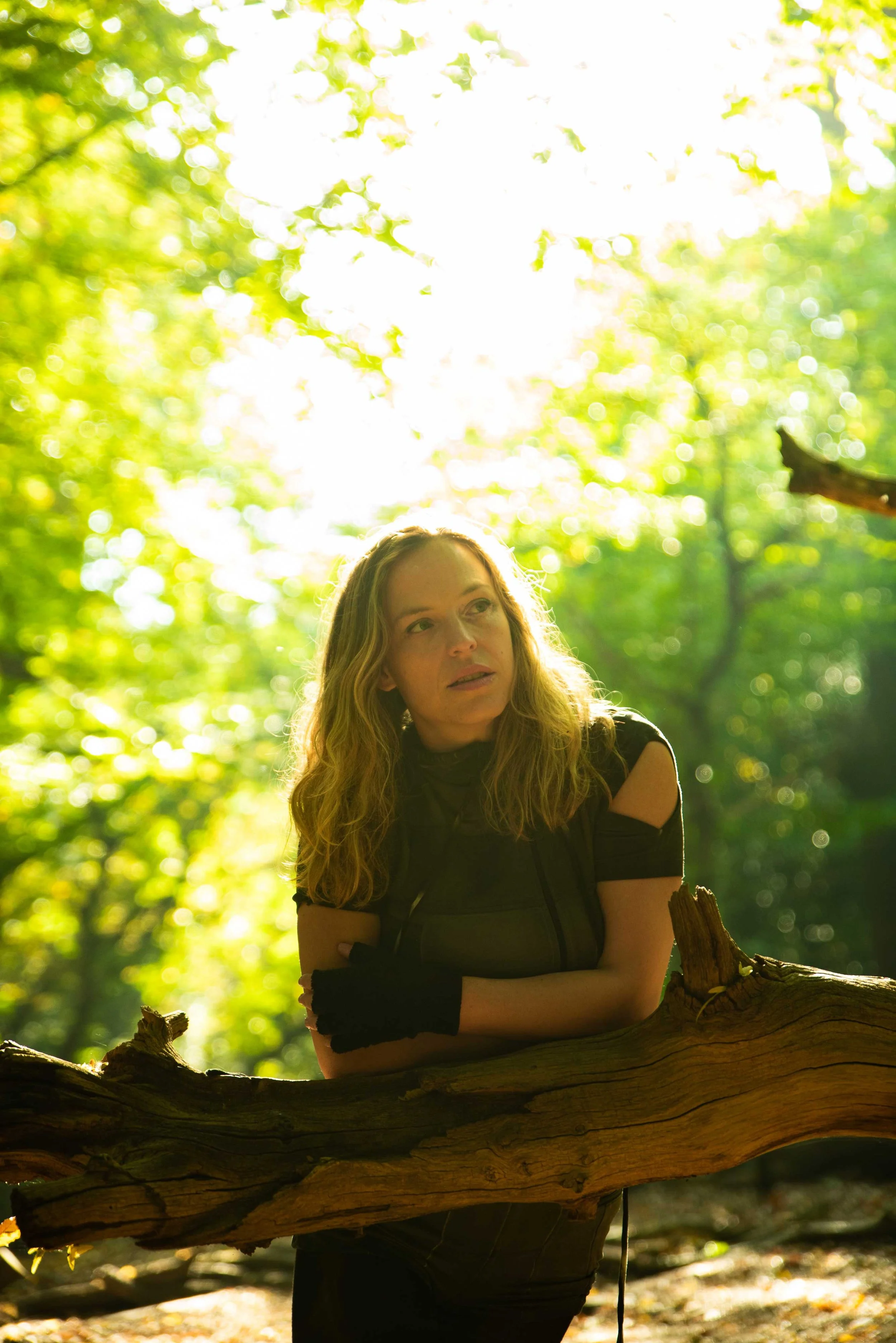 Young woman with long hair sitting on a large tree branch in a sunlit forest, wearing a black outfit and black gloves, looking upward with arms crossed.