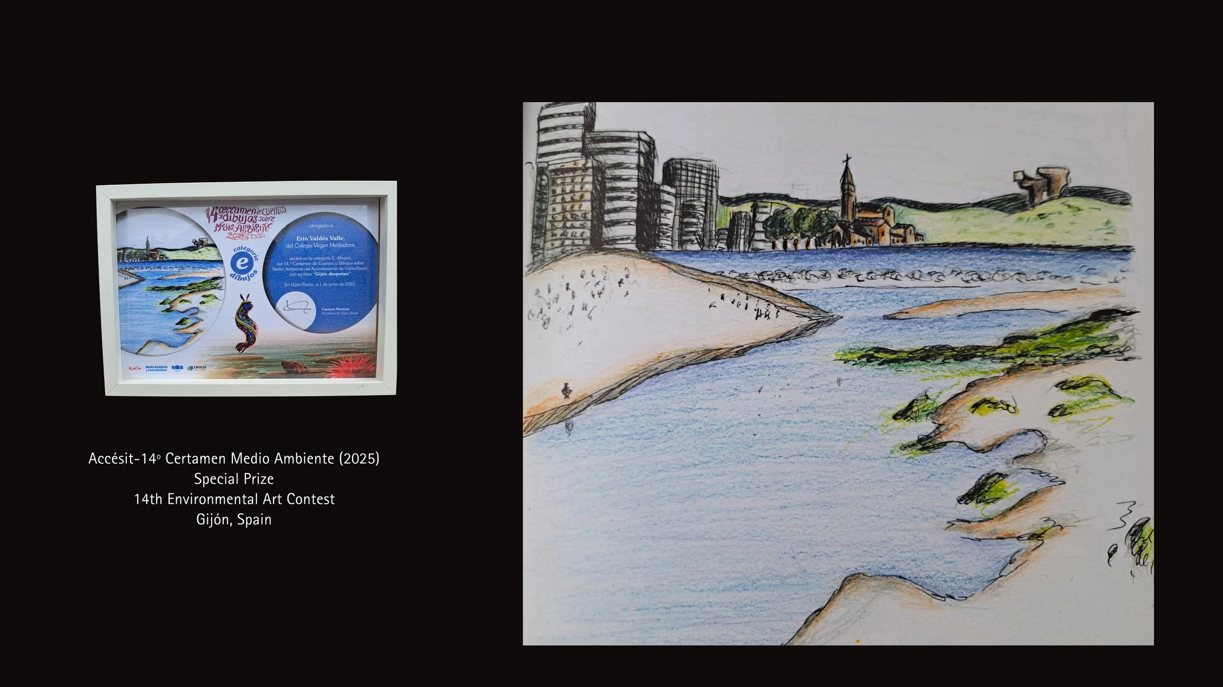 Dibujo artístico de una playa con edificios altos y colinas en el fondo, realizado con técnicas de crayón y acuarela, en colores neón y tonos naturales, presentando un paisaje urbano y natural en Gijón, España.