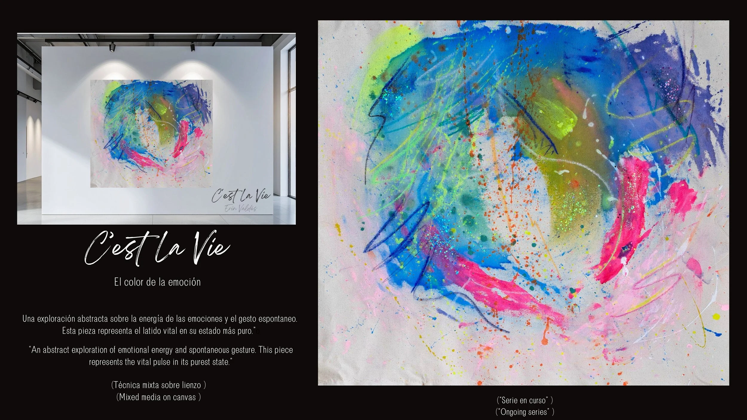 Exploración abstracta de energía emocional y gesto espontáneo con pintura colorida en lienzo, presentada en galería de arte. Título en español: "C'est la Vie" con la frase "El color de la emoción".