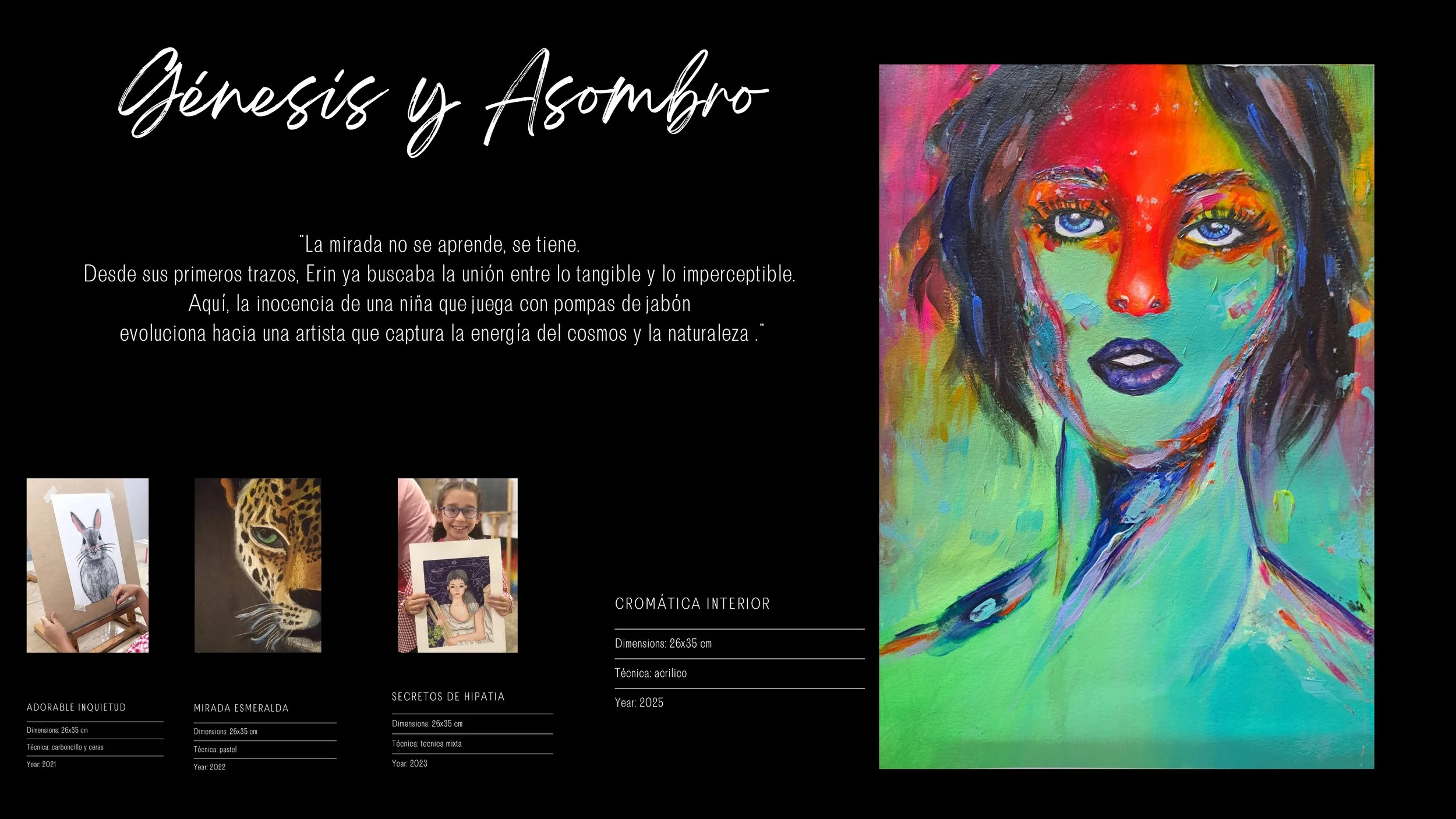 Pantalla con exhibición de obras de arte, incluyendo un retrato colorido de una mujer con ojos azules y cabello oscuro, y fotografías de varios cuadros y artistas con descripciones y dimensiones en español.