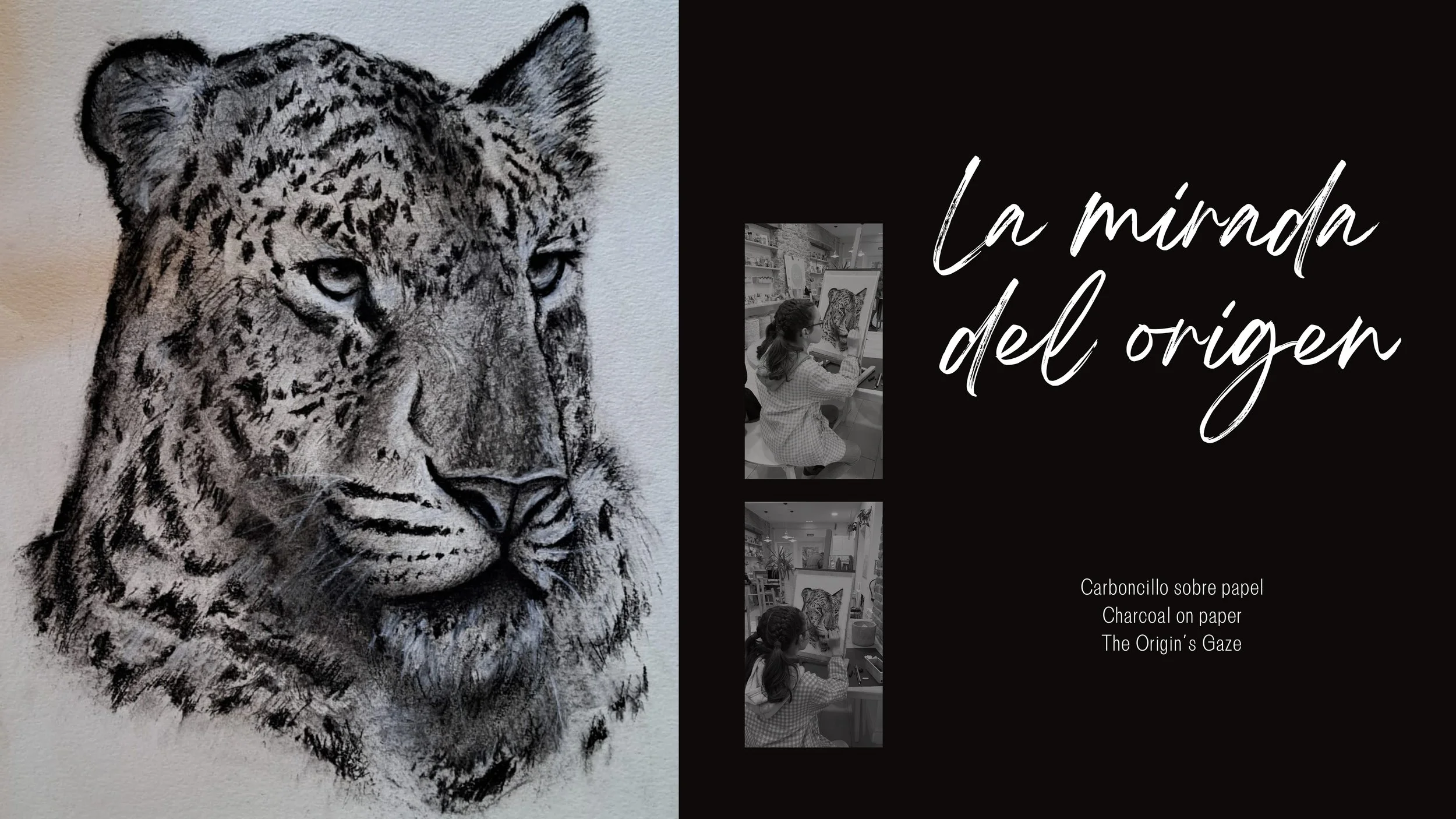 Dibujo de la cara de un jaguar en carbón sobre papel.