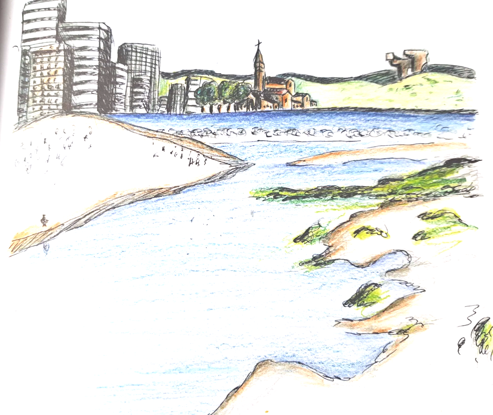 Dibujo de paisaje que muestra un río, con edificios altos a la izquierda, un grupo de árboles en el centro y una colina con una estructura en ruinas en la distancia a la derecha.