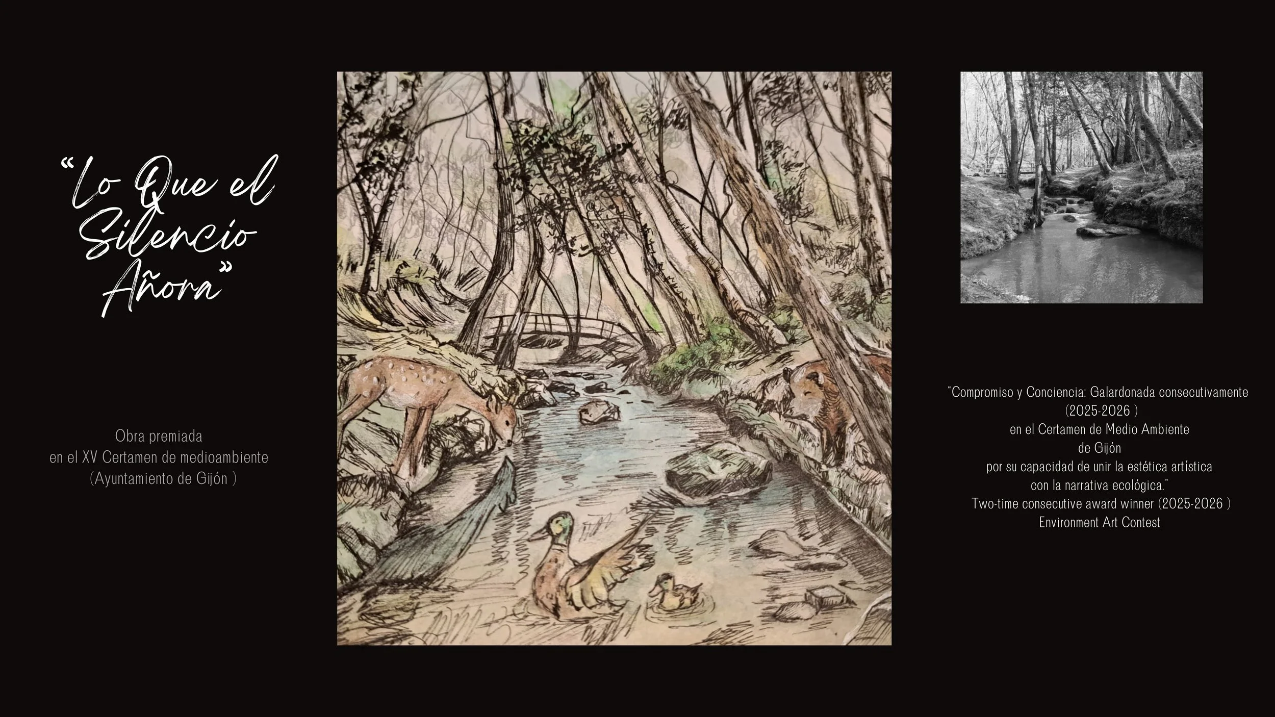 Ilustración de un río rodeado de árboles y animales en un bosque