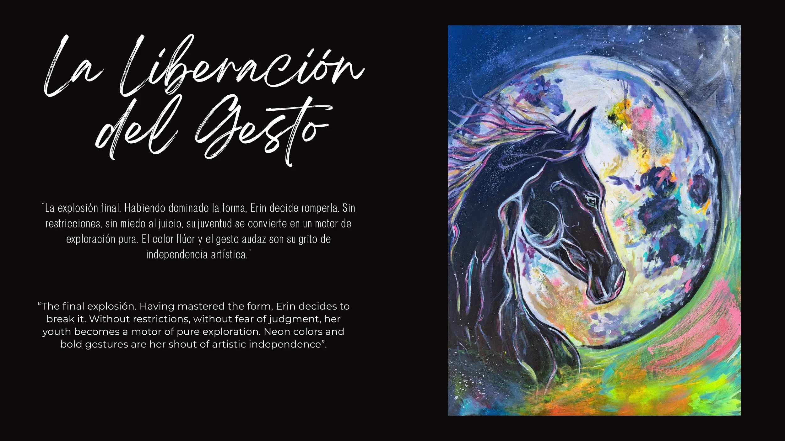 Una pintura con un caballo negro y un fondo lleno de colores vibrantes y espacio estrellado, en estilo abstracto.