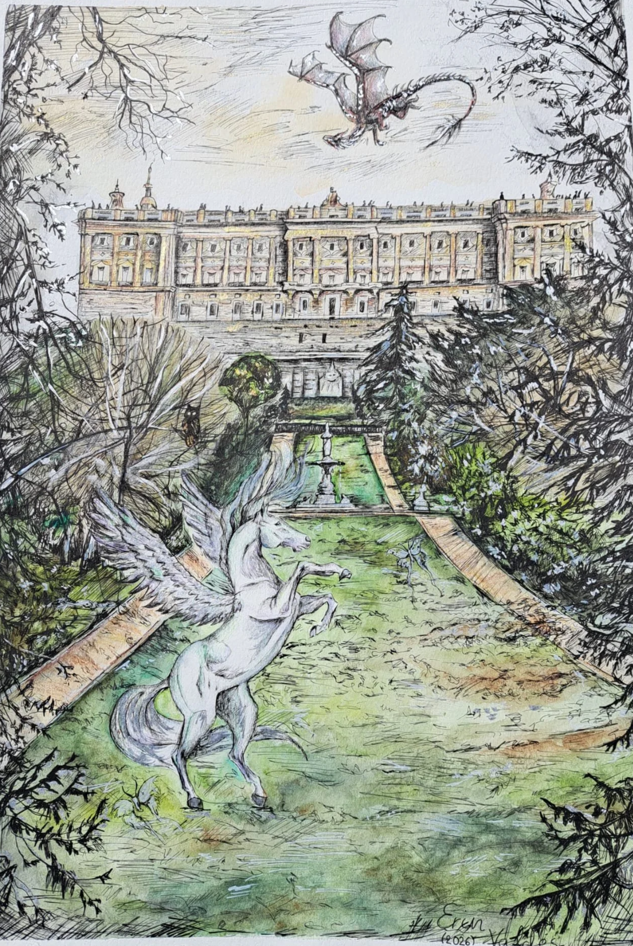 Dibujo de un castillo en el fondo con un cielo nublado y un dragón en el aire. En primer plano, un unicornio con alas y en el jardín hay árboles y una fuente.