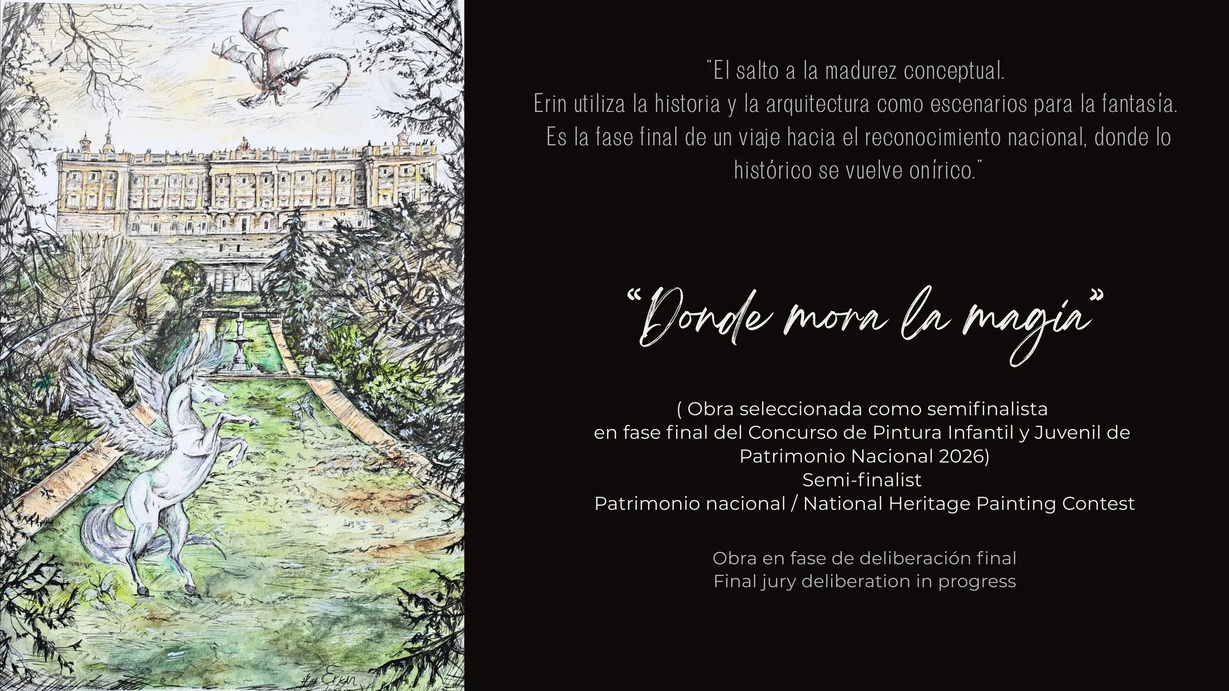 Ilustración de un castillo en un parque con árboles y una fuente al frente, y un unicornio en caricatura en el primer plano, con ramas de árbol enmarcando la escena.