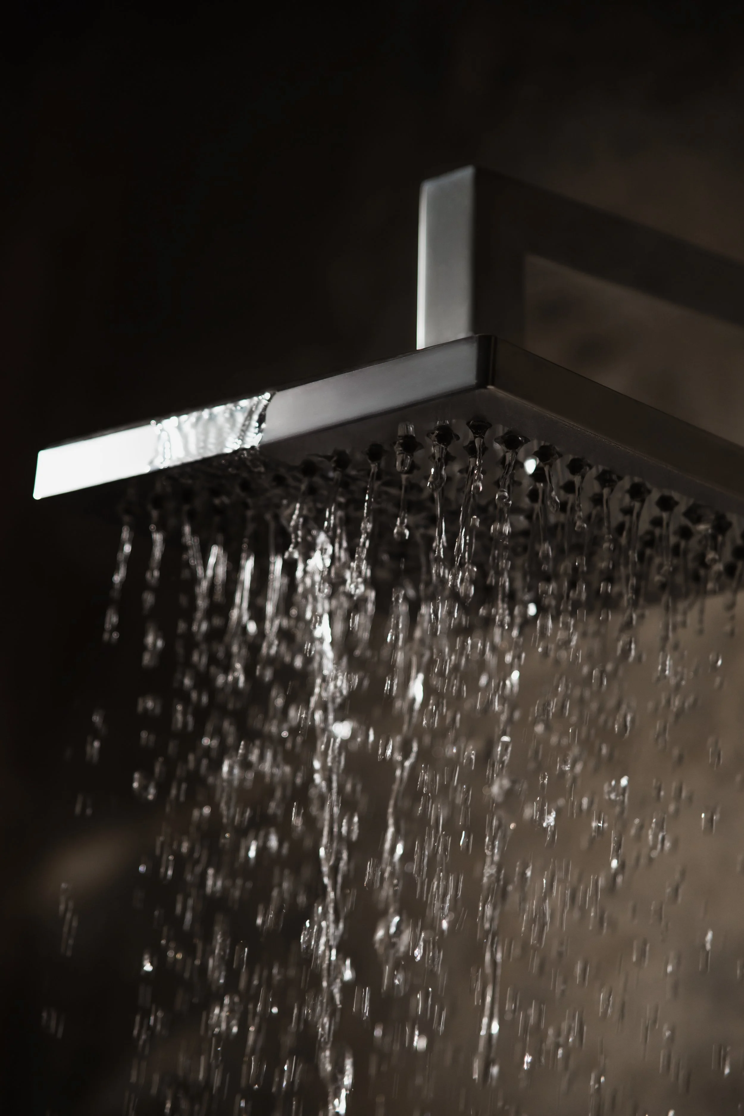 Close-up view of water flowing from a metallic showerhead in a dark setting.