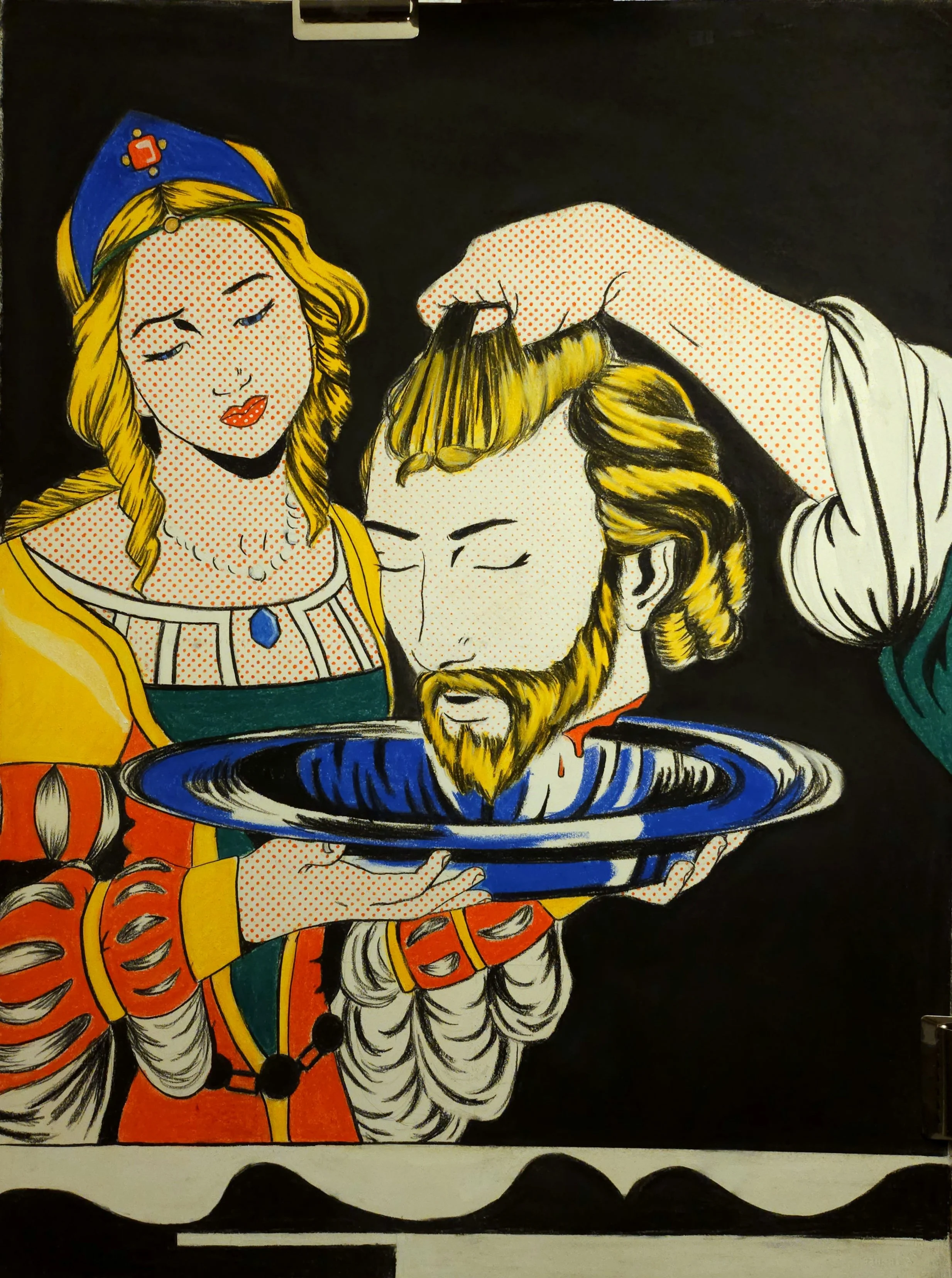 Pop art style illustration of a woman with long blonde hair and a blue hat with a red emblem, and a man with a beard and mustache, with blood dripping from his mouth, holding a blue bowl of water. Salome with the Head of John the Baptist