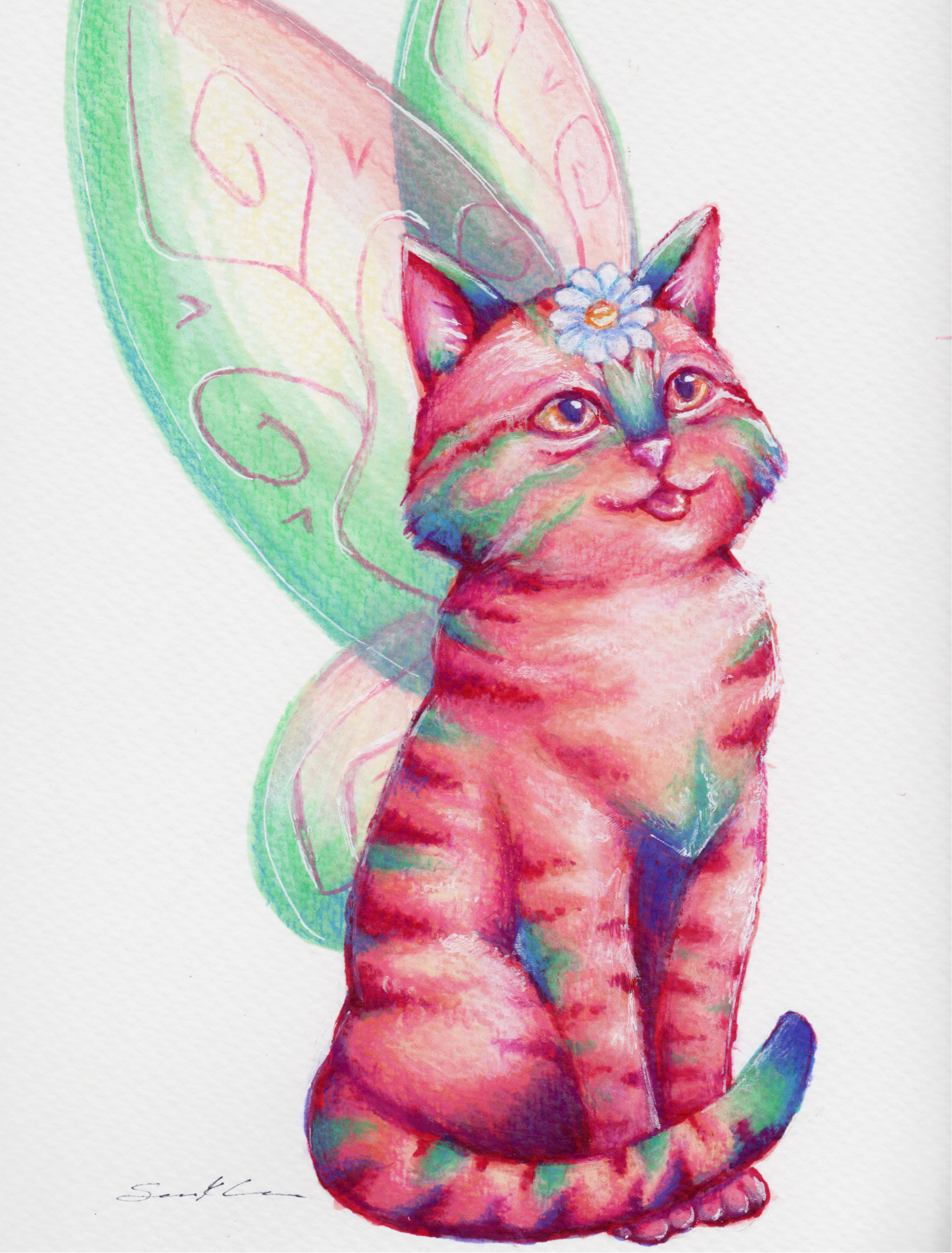 Colorful watercolor painting of a creature with a cat-like face, large eyes, and ears, decorated with a flower on its forehead and surrounded by whimsical shapes and a large green leaf in the background.