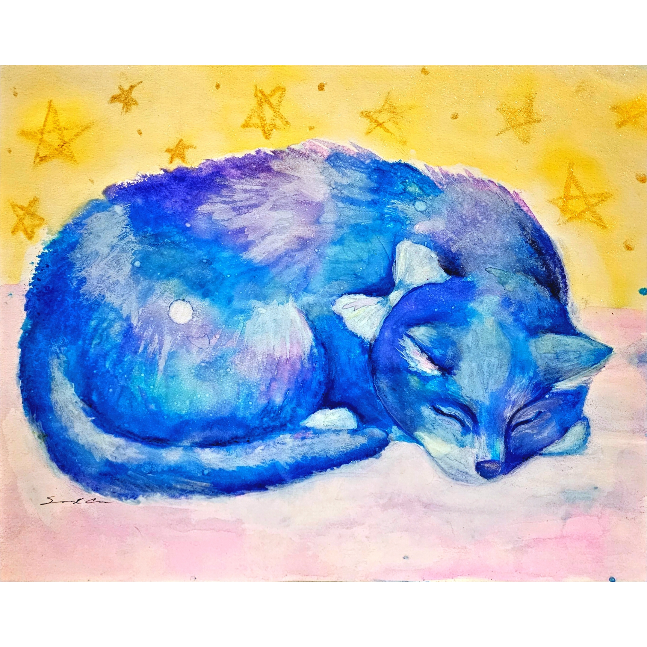 Watercolor painting of blue cat sleeping with yellow wall and stars