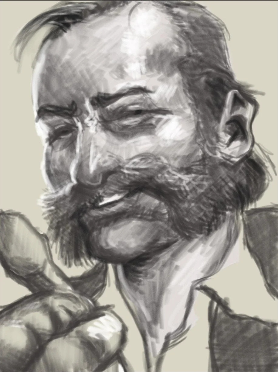 Sketch of disco elysium's  with a beard, and mustache, smiling pointing, in black and white.
