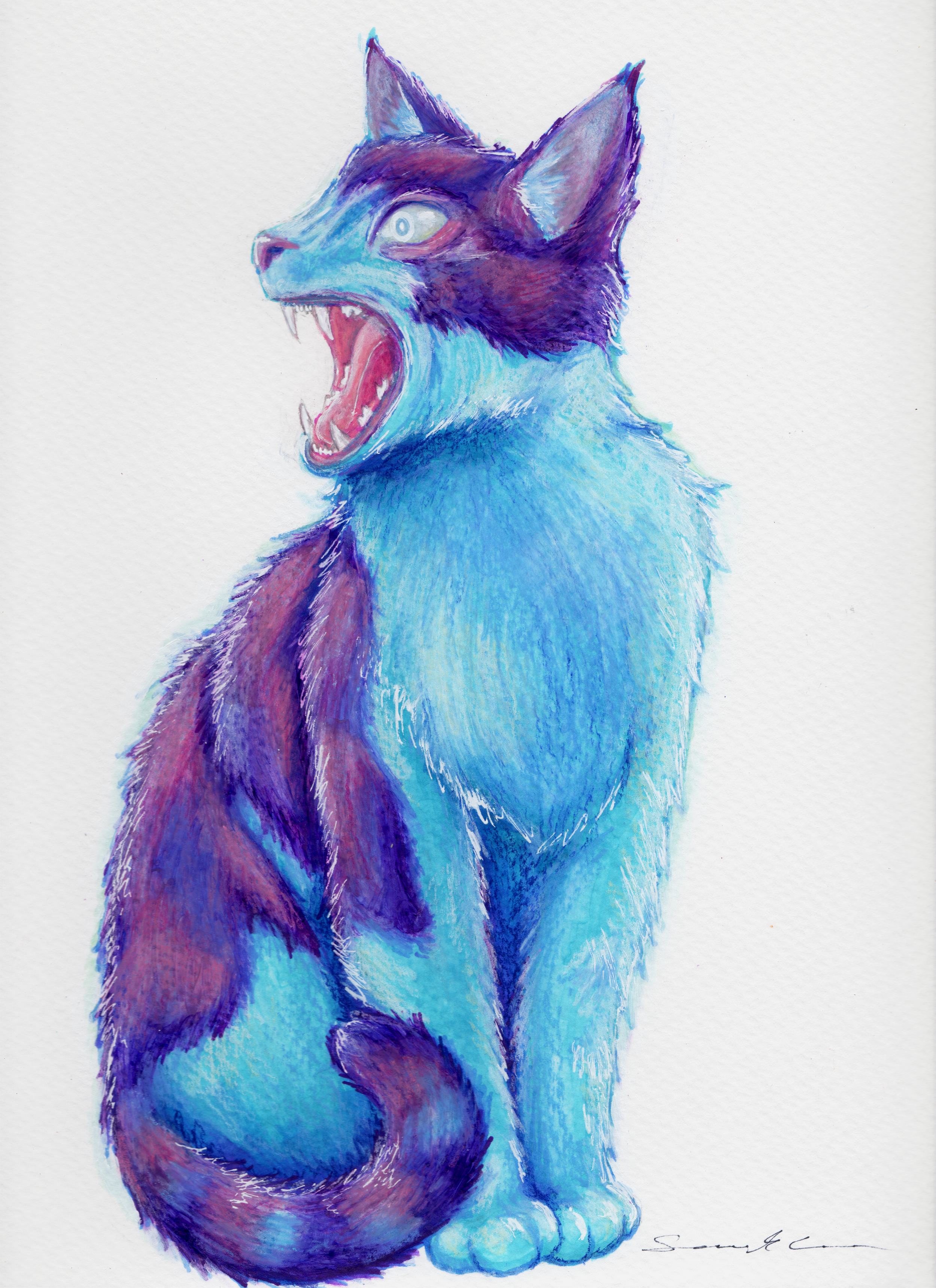 Drawing of a cat with blue and purple fur, white eyes, and an aggressive expression with mouth open, showing teeth, yowling.