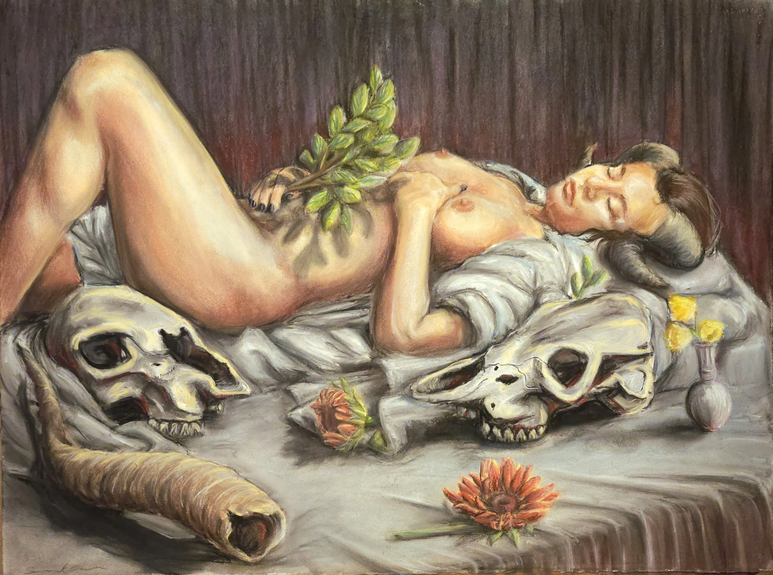 A painting of a naked demon woman with horns lying on a surface surrounded by animal skulls and flowers, with a dark background.