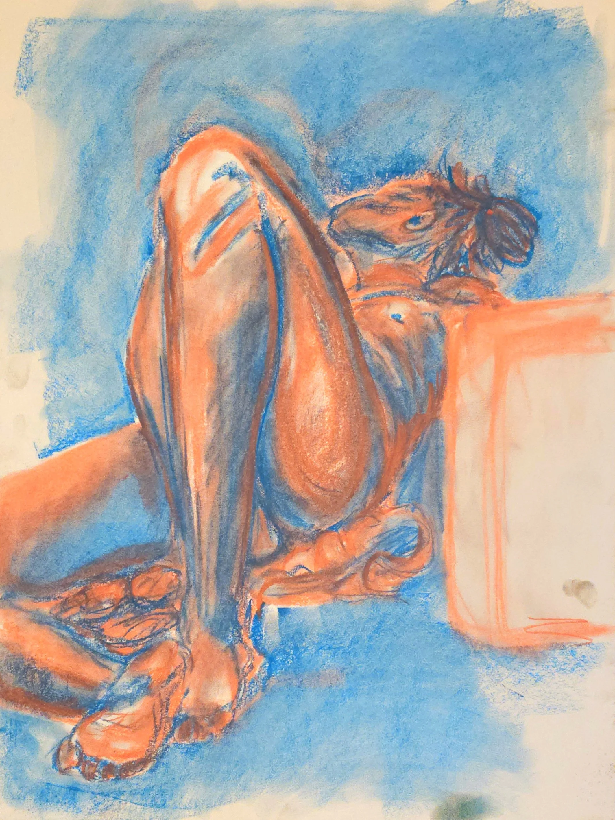 A colorful perspective figure drawing of a person in 2 tones, surrounded by a background of blue hues.