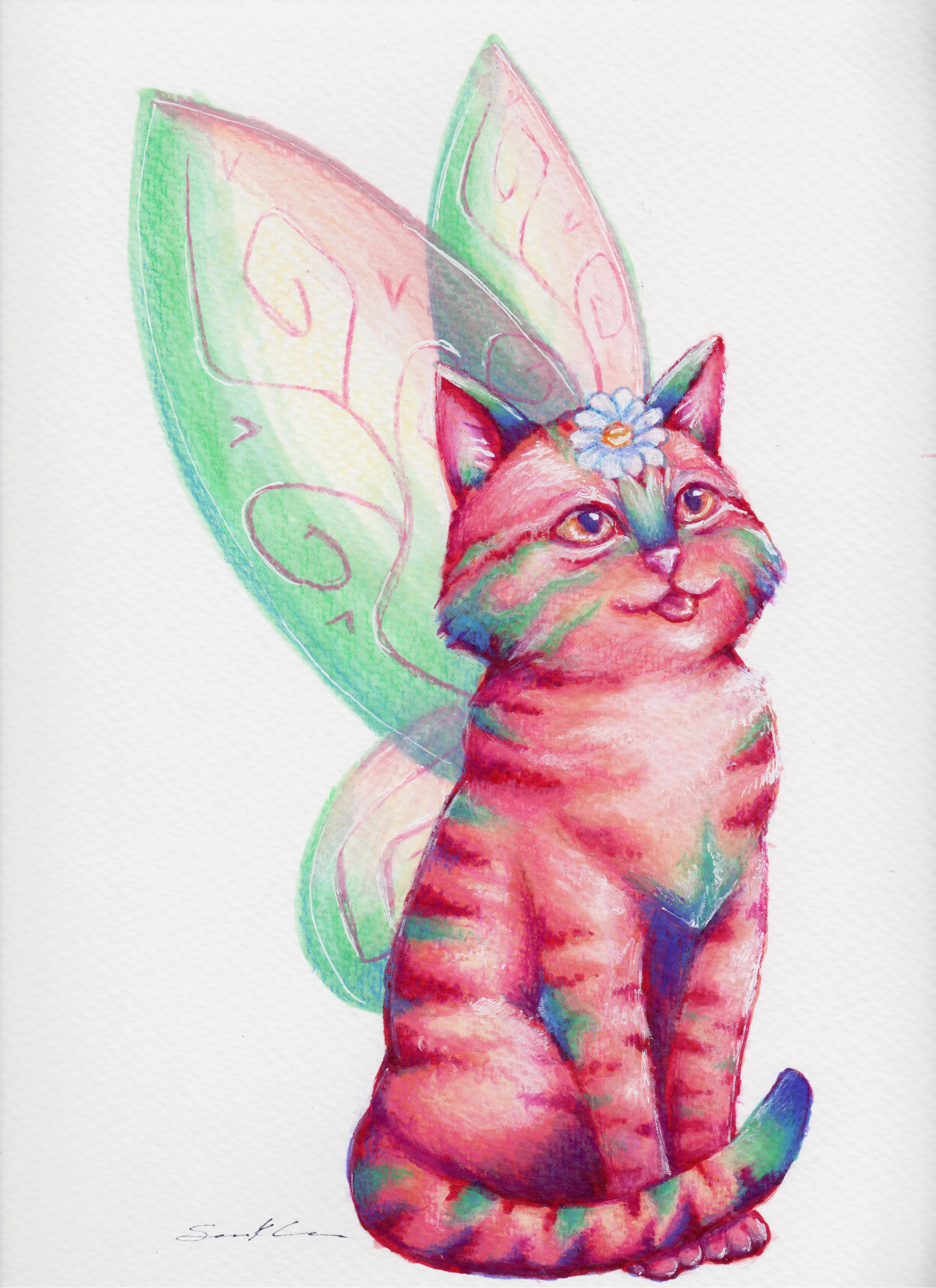 A colorful drawing of a fairy-cat with rainbow wings and a flower on its forehead, sitting with its tail curled around its paws.