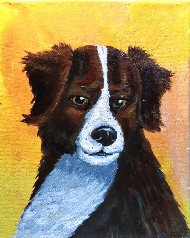 A painting of a brown and white dog with a white stripe down its face, set against a yellow background.