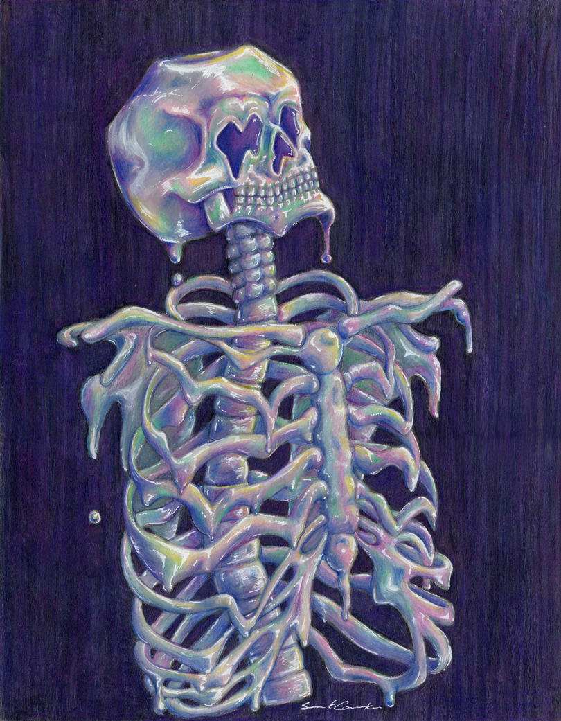 Drawn illustration of a melting melty skeleton with a skull having heart-shaped eye, rendered in iridescent colors against a dark purple background.