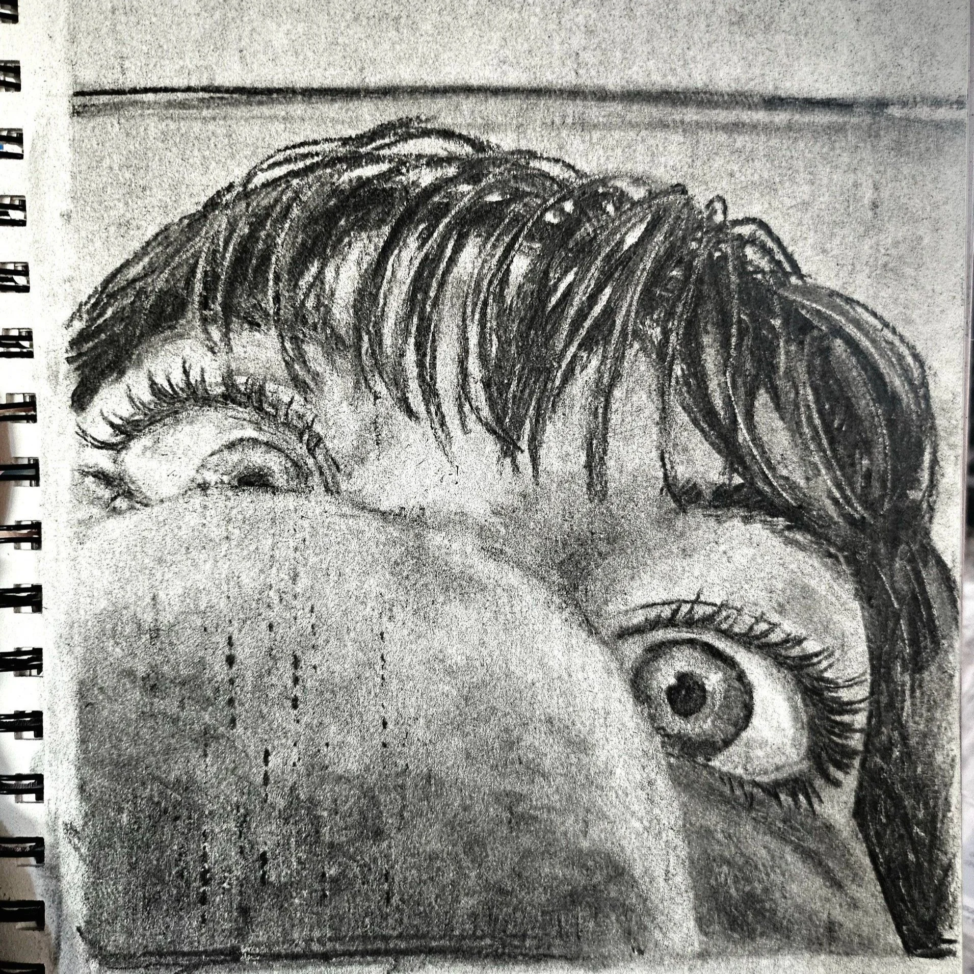 Perspective close-up of a face with detailed eyelashes and an iris, fish eye effect with a large nose, charcoal portrait in a sketchbook.