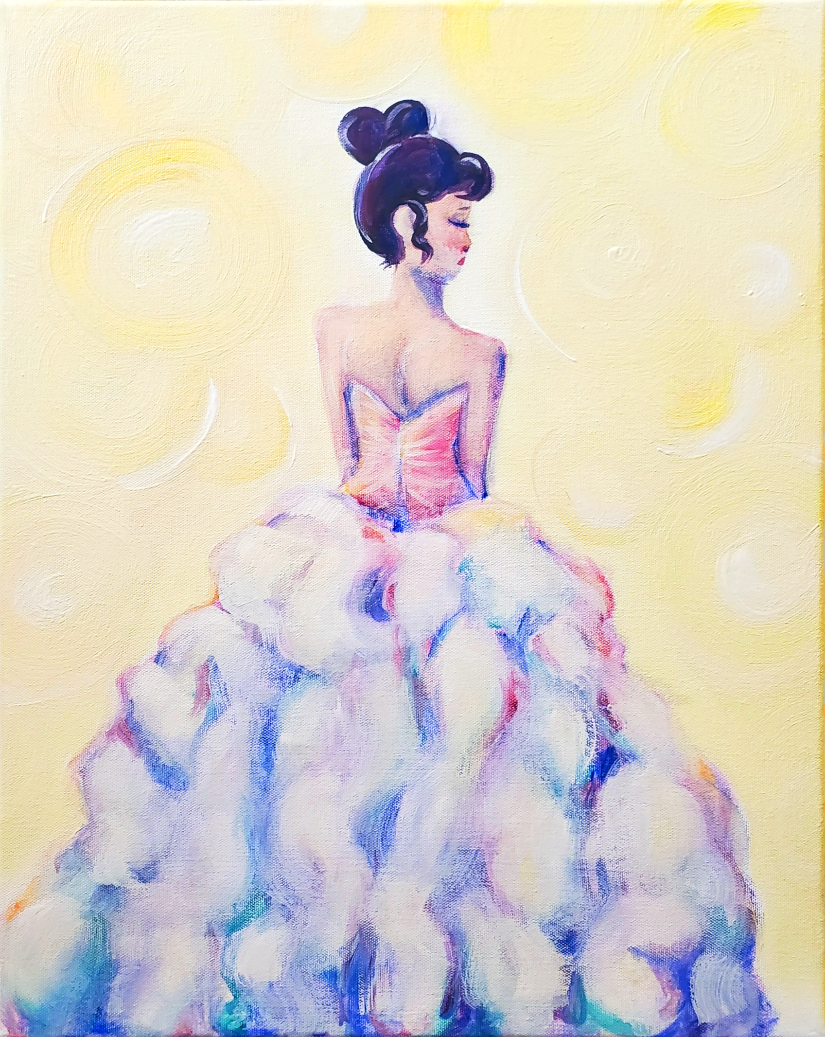 Painting of a young woman in a wedding dress, eyes closed, and looking behind her, with a soft yellow background and abstract swirling patterns.