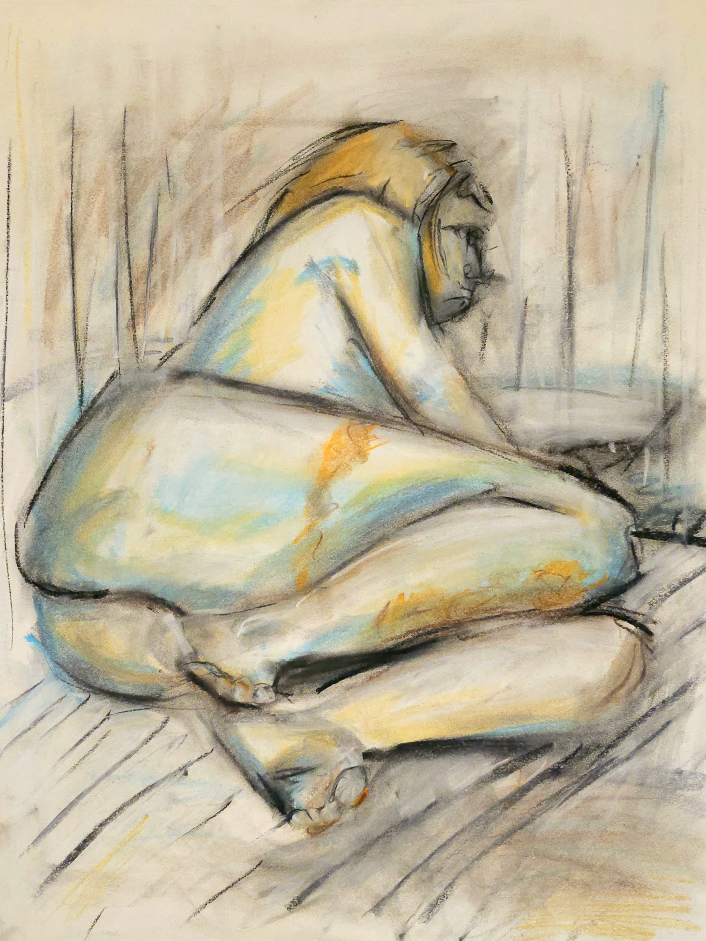 A sketch of a person resting with their head on their arm, laying propped, depicted in soft, muted watercolor tones.