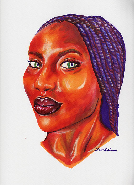 Colorful portrait of a woman with purple braided hair, green eyes, and glossy dark red lips, facing slightly to the left.