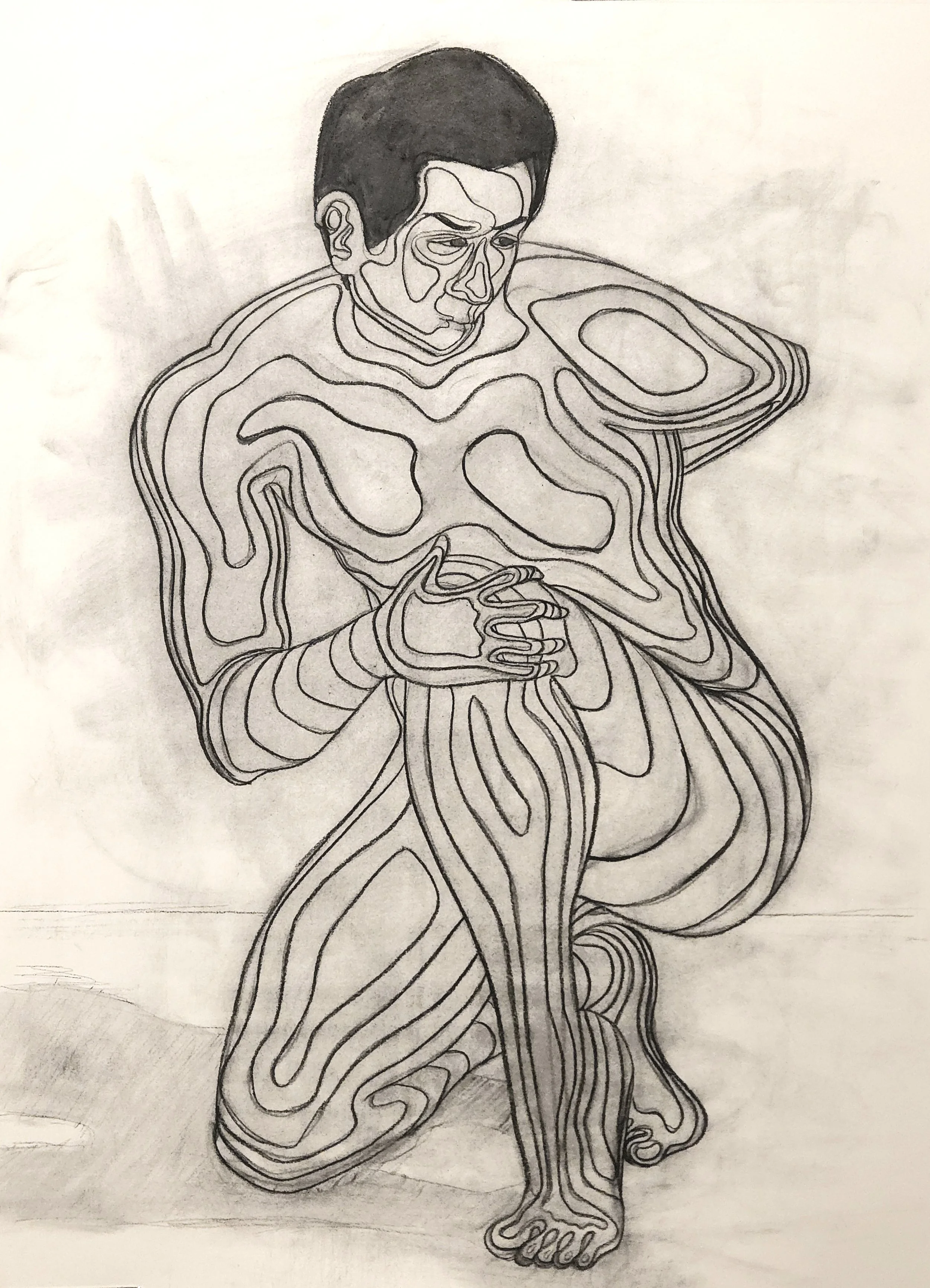 A black and white line drawing of a person with a contemplative expression, their head turned downward, with contour lines indicating the shape and structure of their face, hair, and body, with abstract, wavy patterns overlaying their figure.