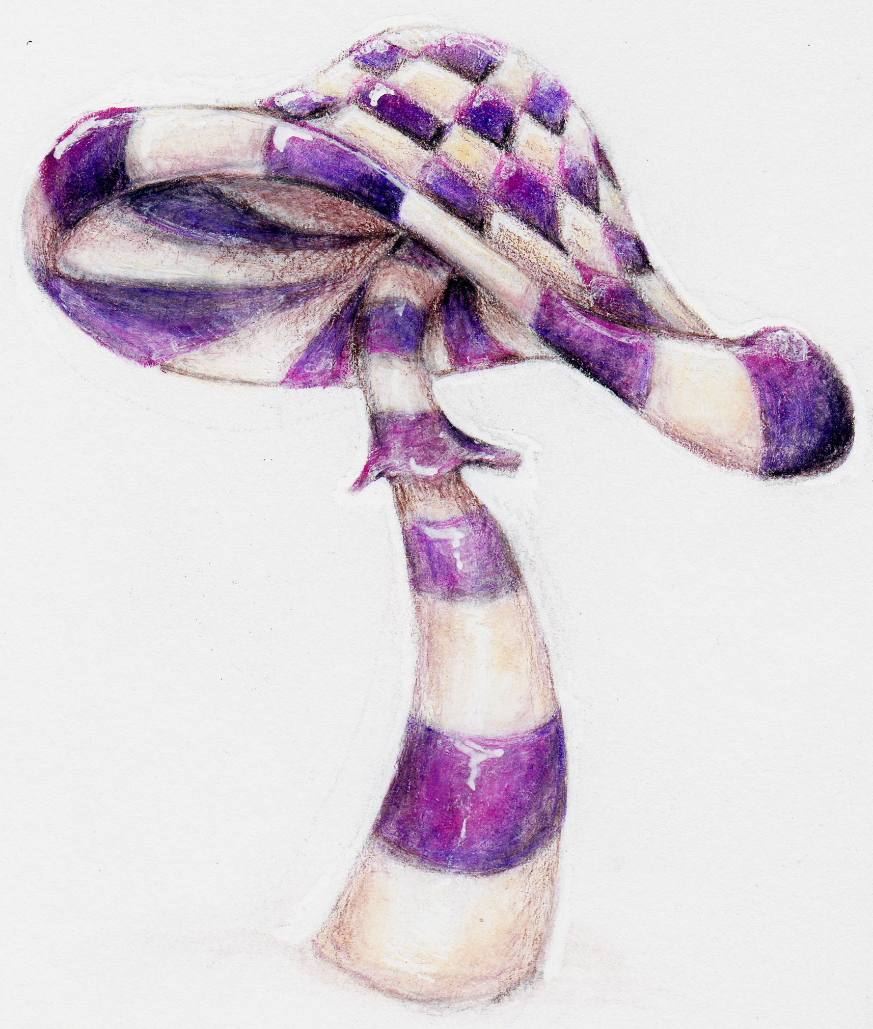 A colorful drawing of a mushroom with purple and white checkers and a purple stripes on white paper.