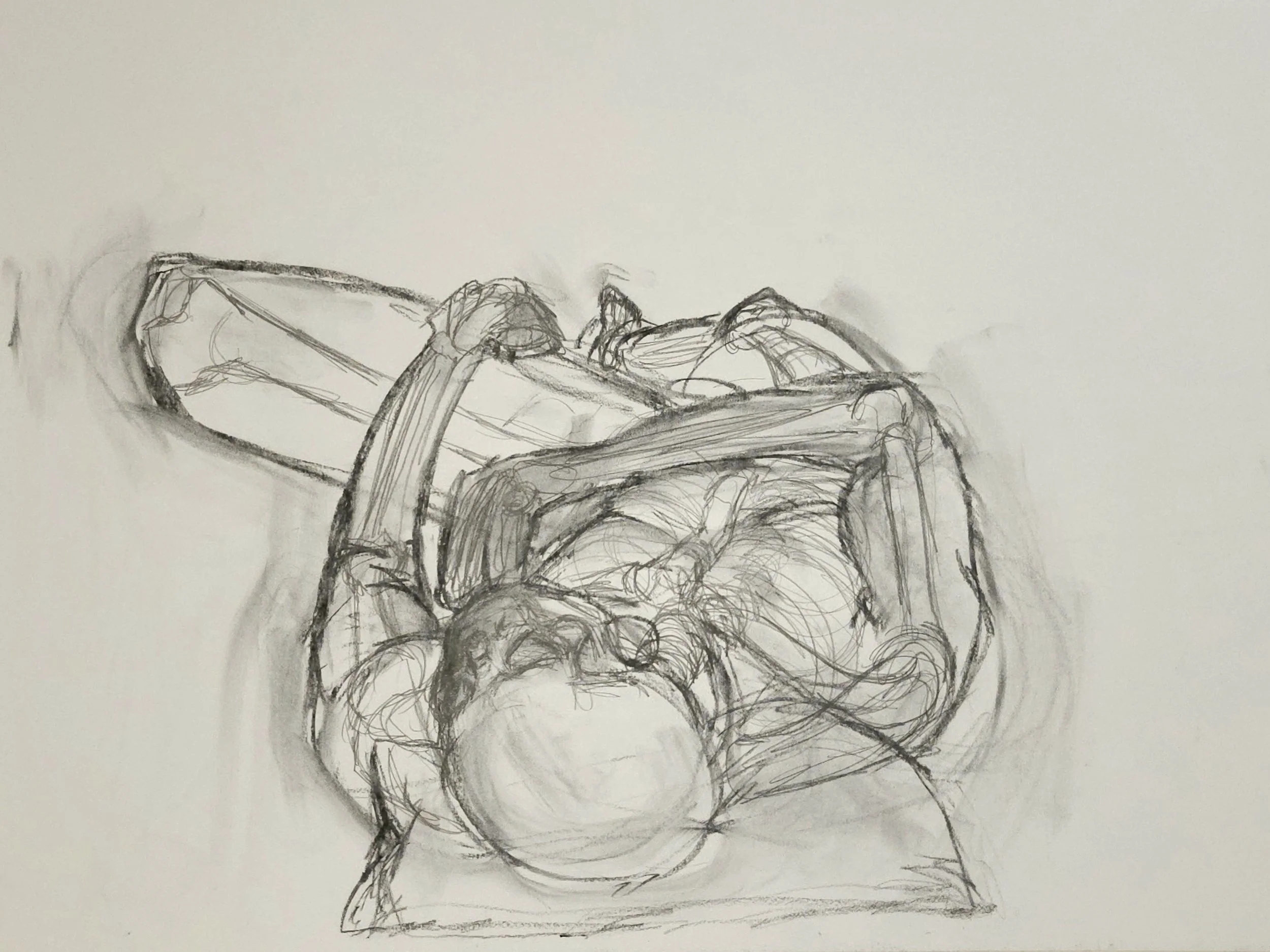 Sketch of a person lying on a bed, skeletal imagining of anatomy placement.