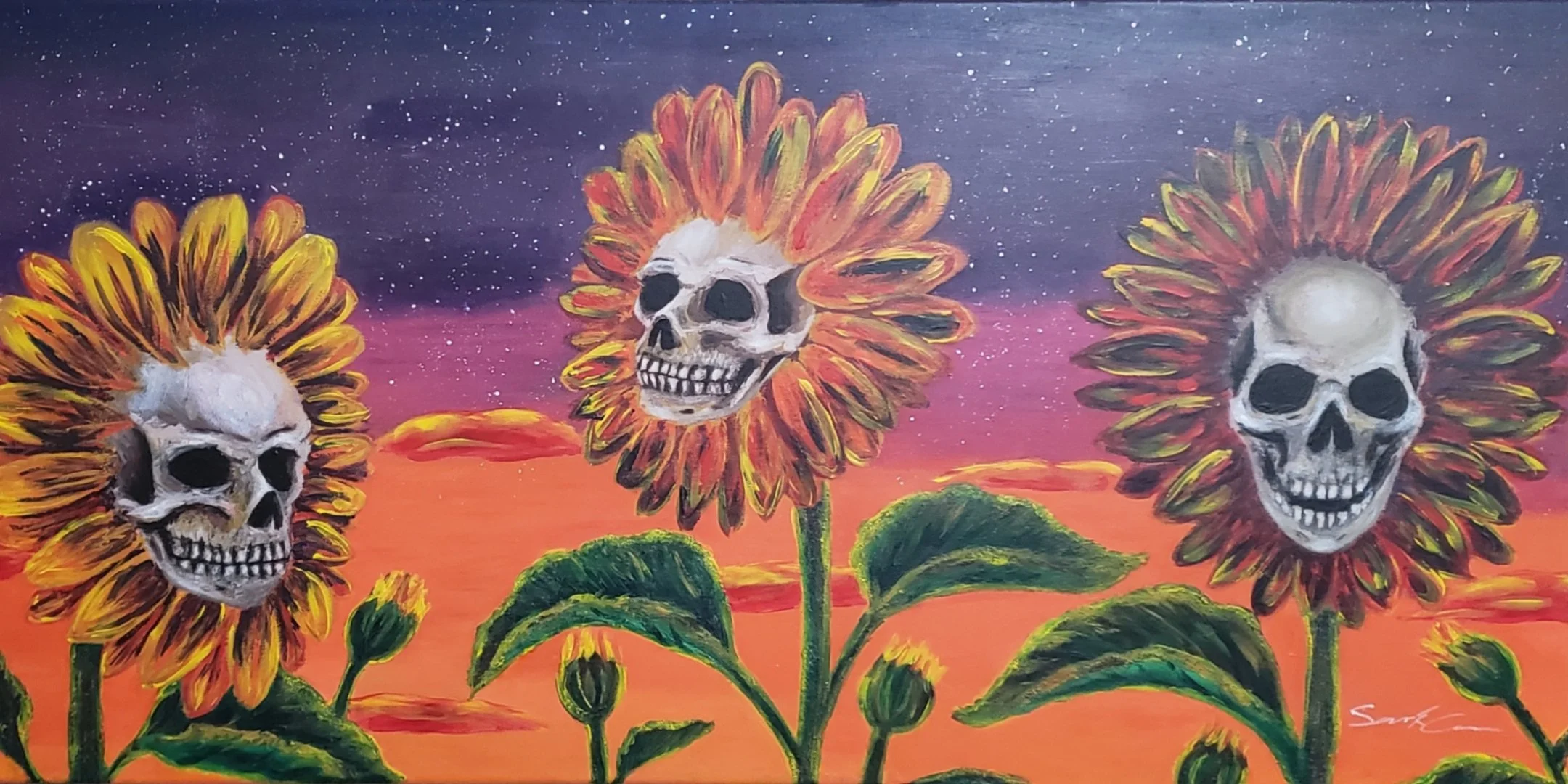 A painting of three sunflowers with skulls as their centers against a colorful sunset sky with stars.