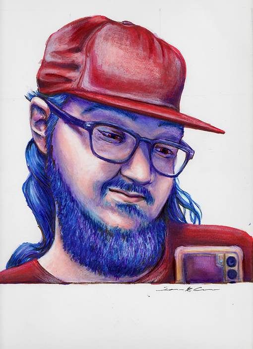 A hand-drawn portrait of a man with long blue hair and beard, wearing glasses and a red cap, taking a selfie with a smartphone.