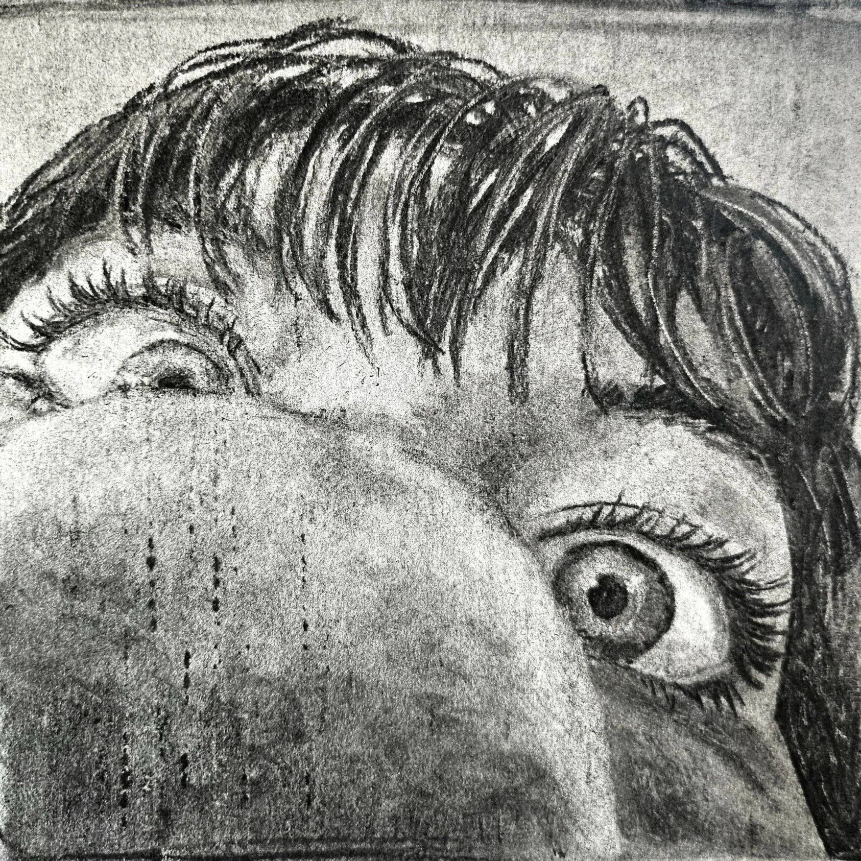 Perspective close-up of a face with detailed eyelashes and an iris, fish eye effect with a large nose, charcoal portrait.