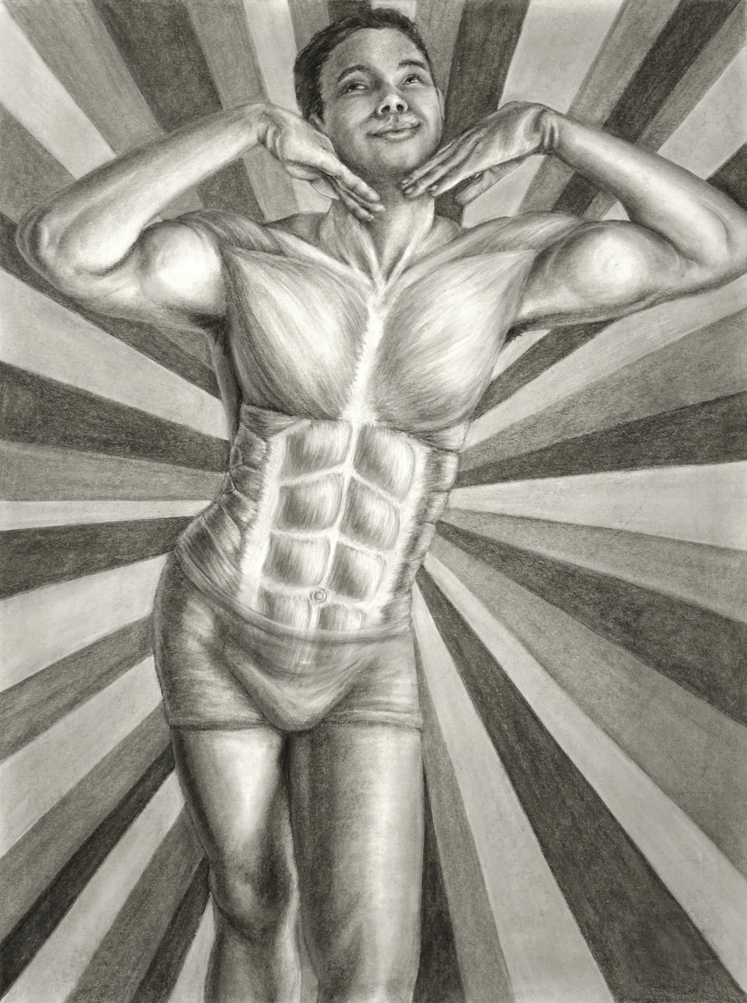 A black and white drawing of a muscular man with his arms raised, hands under his chin, smiling. The background has radiating lines.