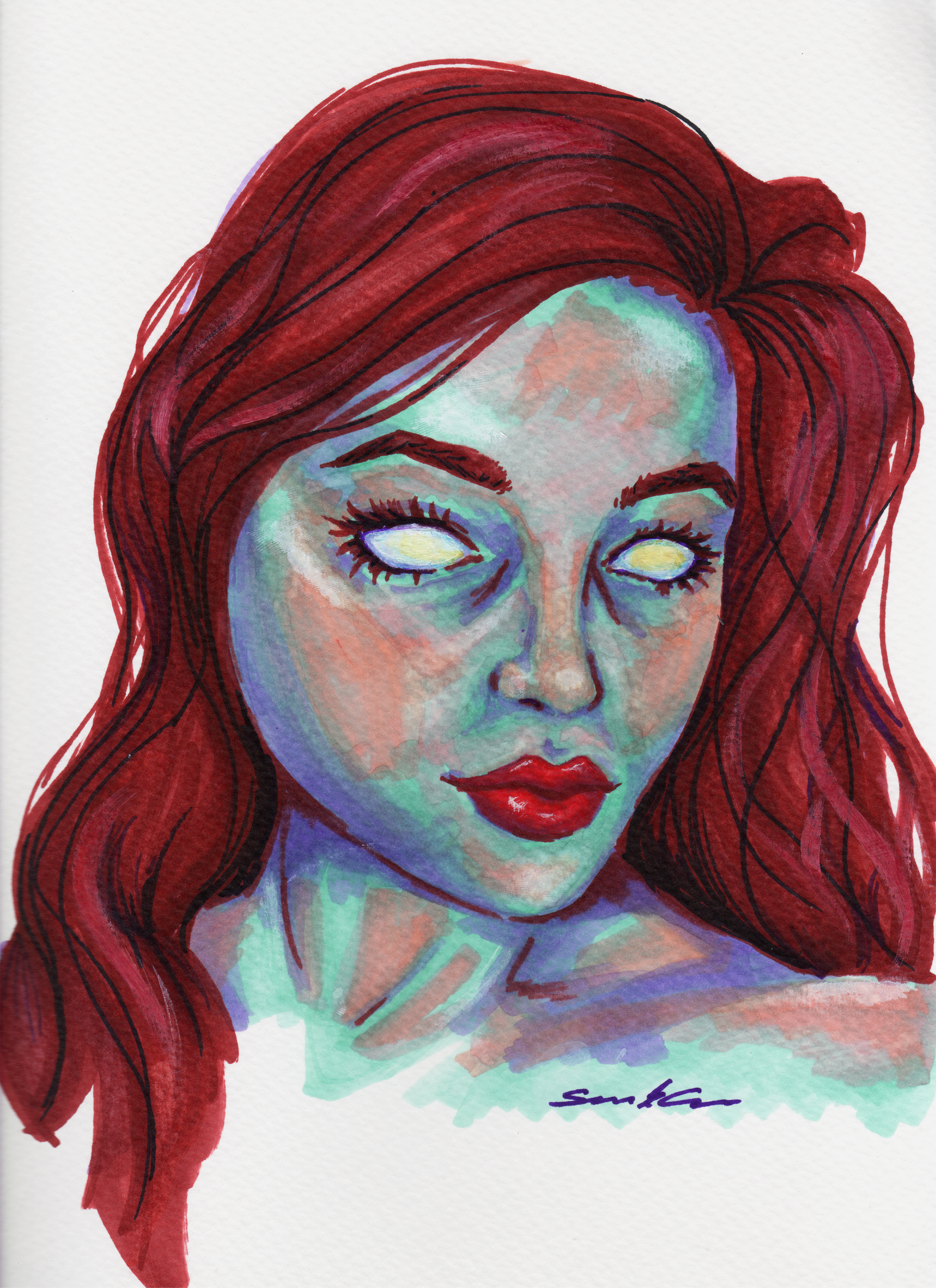 Watercolor painting of a woman with long red hair, light-colored intense eyes, and red lips. Signature at the bottom right.