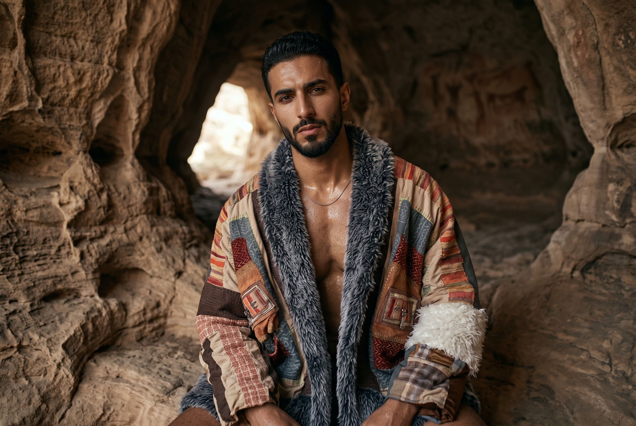 Firefly_Gemini Flash_A handsome, sweaty Arab model sits in a cave wearing a coat. It is slightly open and  927054.png