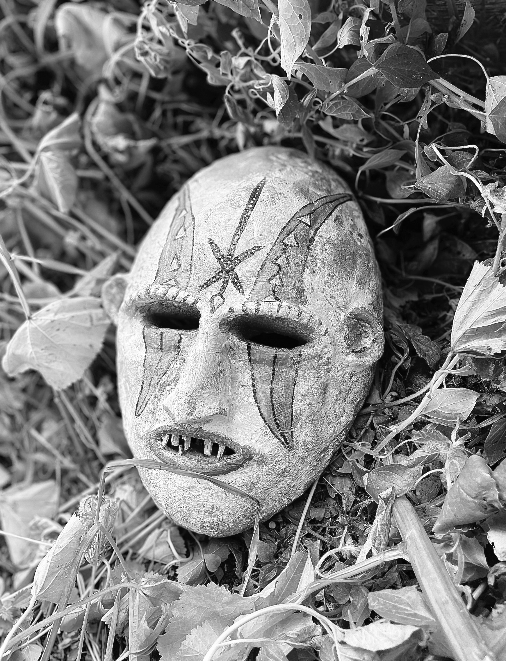 A human Mask sculpture made of stone lying among leaves and plants, with decorative markings on the forehead, including a star and geometric shapes. African mask.
