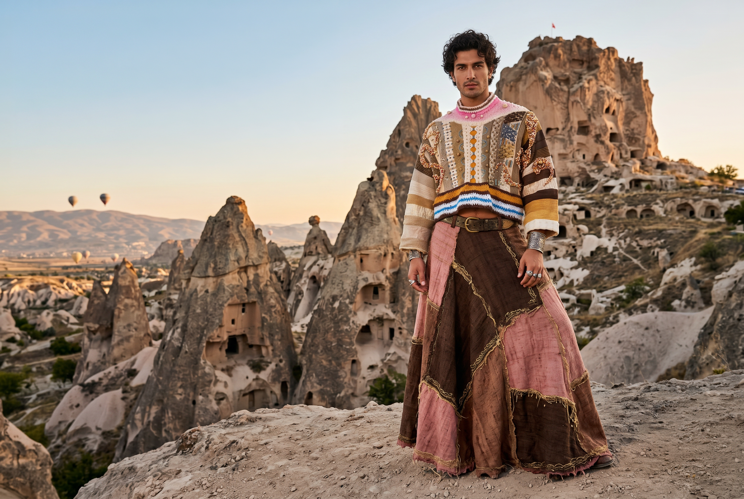A man wearing a colorful, patterned sweater and layered skirt stands in front of rock formations and ancient cave dwellings in Cappadocia, Turkey, with hot air balloons in the sky during sunrise or sunset. craft by Avi Mazliah clothes and costumes,
