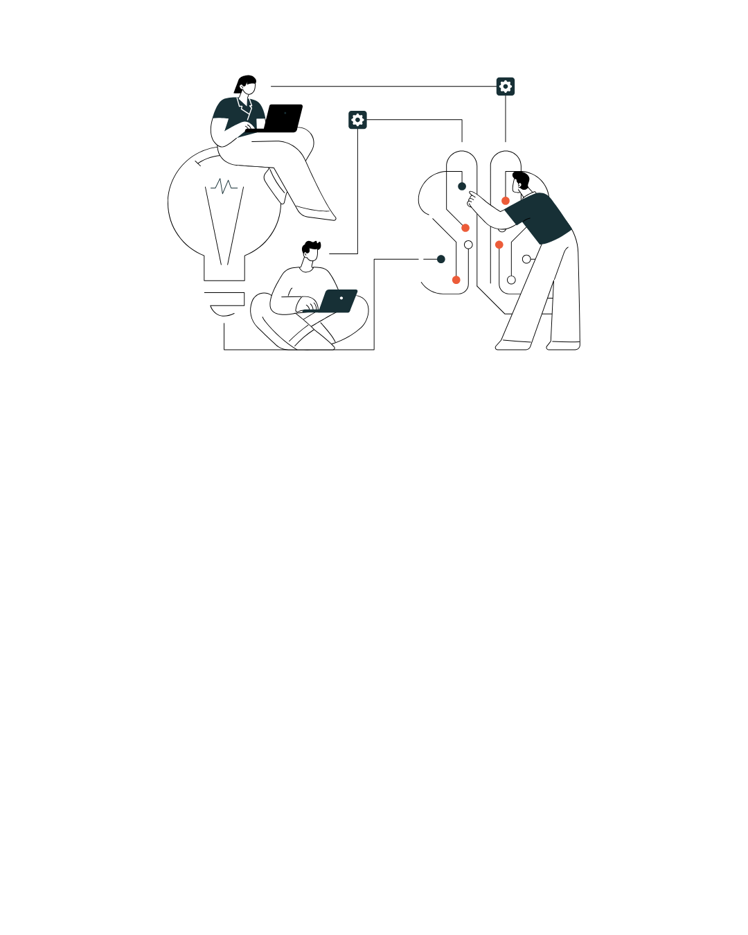Illustration of two people working on laptops connected to a circuit board with another person manipulating the board.