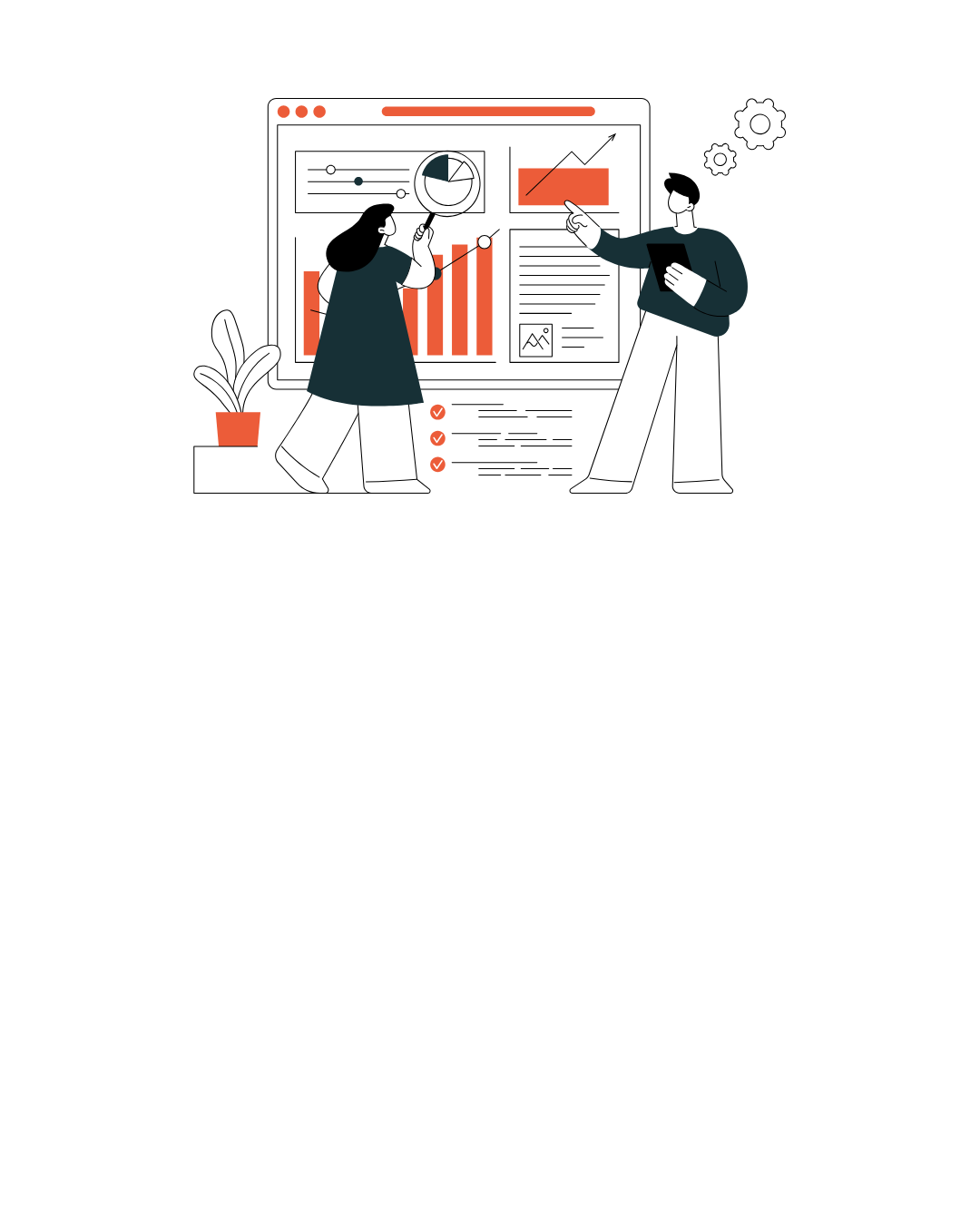 Illustration of two people analyzing data on a large monitor, with charts, graphs, and checklists, one person using a magnifying glass and the other pointing at the screen.