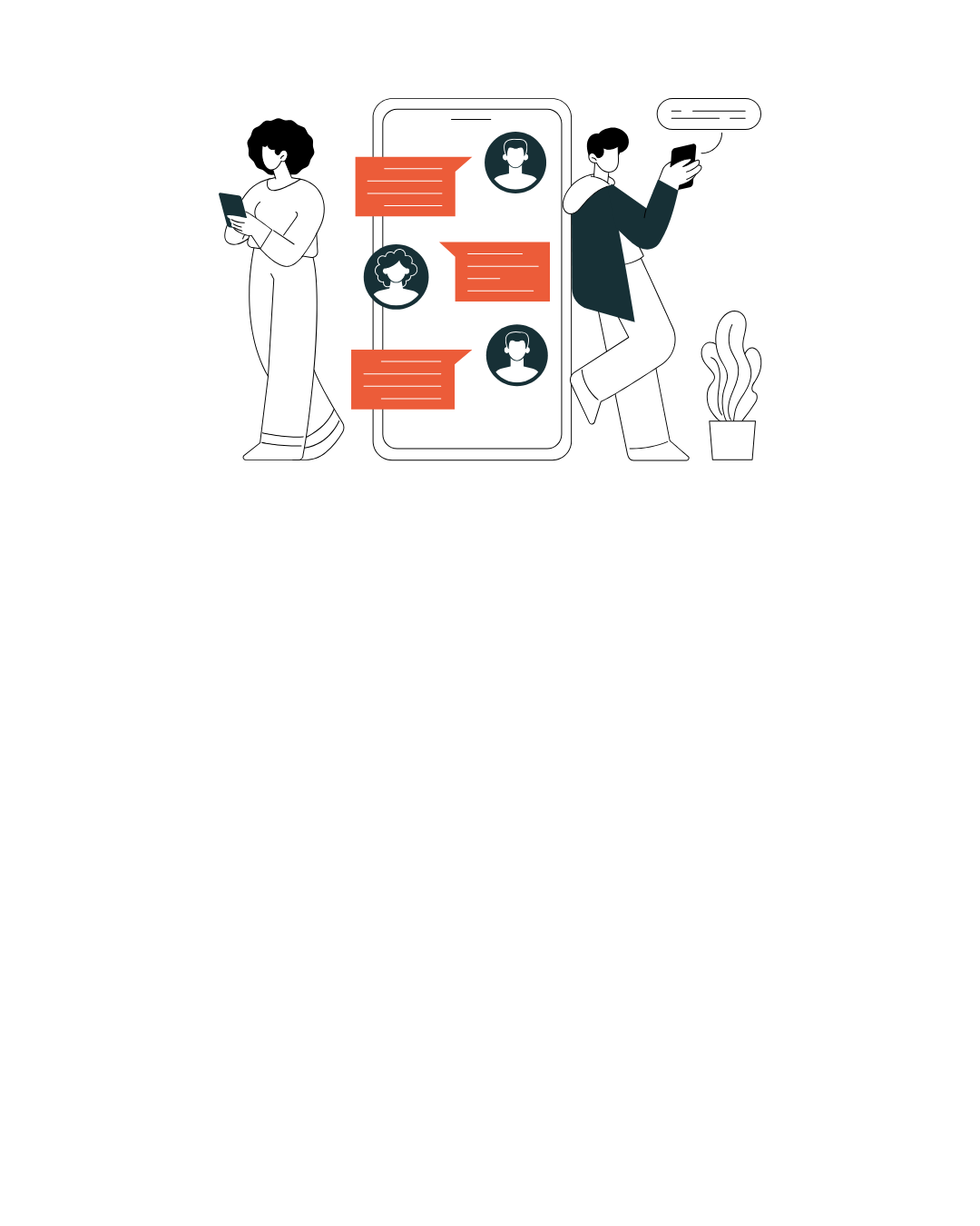 Illustration of two people checking their phones around a large smartphone screen with chat bubbles and profile icons, with a potted plant beside them.